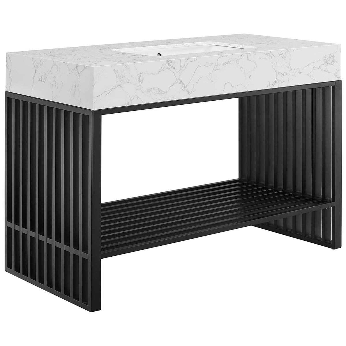 Long marble-look countertop with integrated sink over matte black open base || EEI-6110-WHI-BLK || front_angle_studio