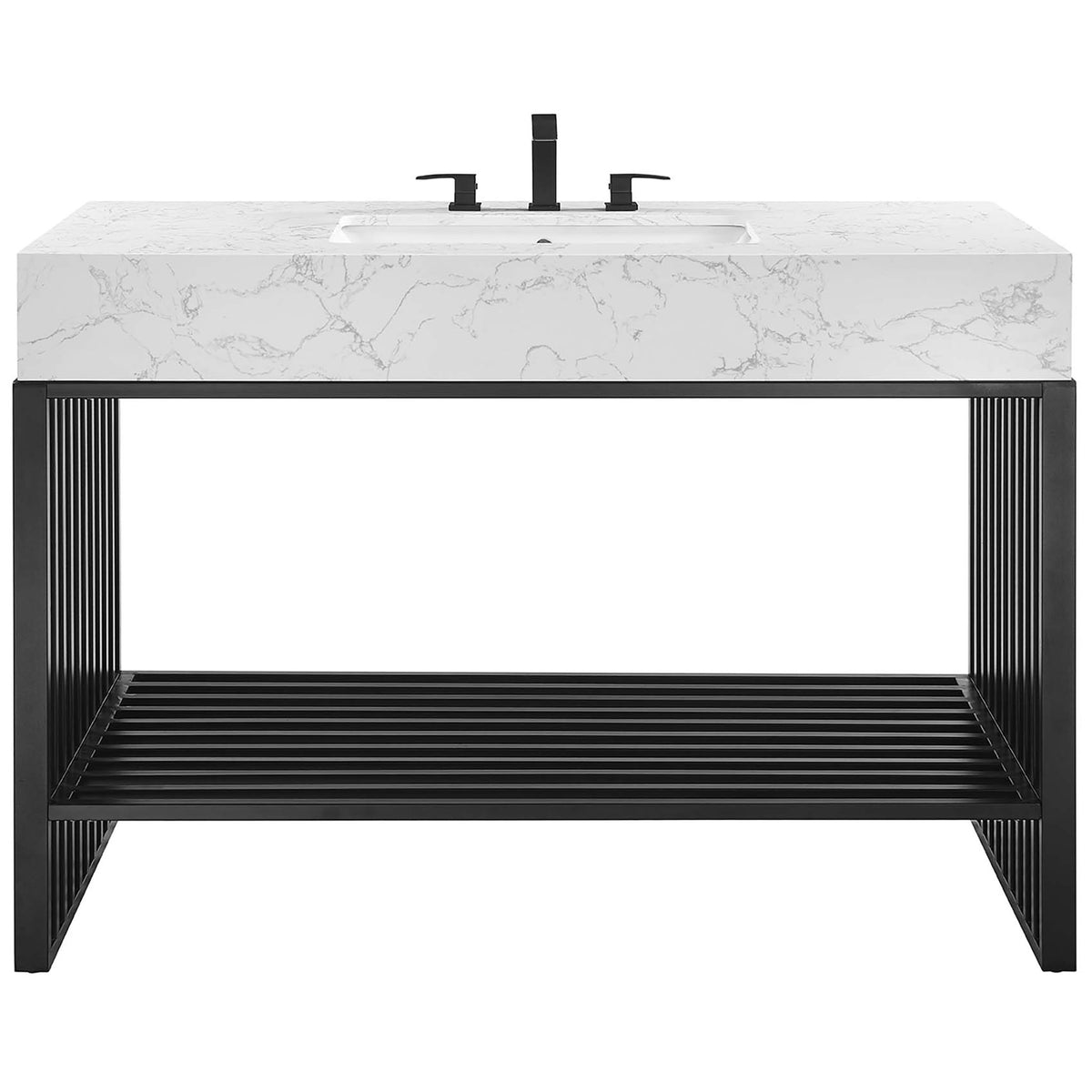 Expansive marble-look top with integrated sink over an open slatted shelf || EEI-6110-WHI-BLK || front_studio