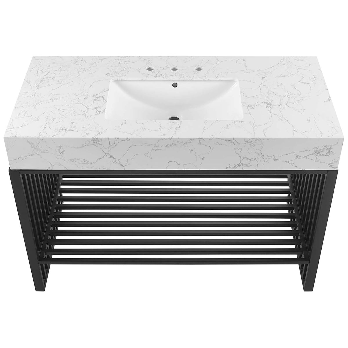 Broad top view with deep basin and pre-drilled widespread faucet holes || EEI-6110-WHI-BLK || top_studio