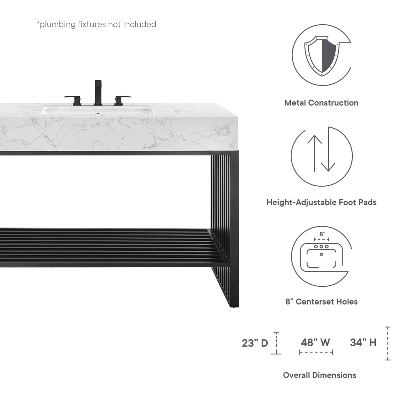Feature icons and size details for the sink vanity || EEI-6110-WHI-BLK || dimension_studio