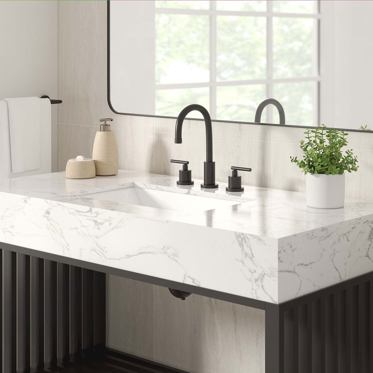 Marble-look sink and counter in a modern bathroom setting || EEI-6110-WHI-BLK || detail_room