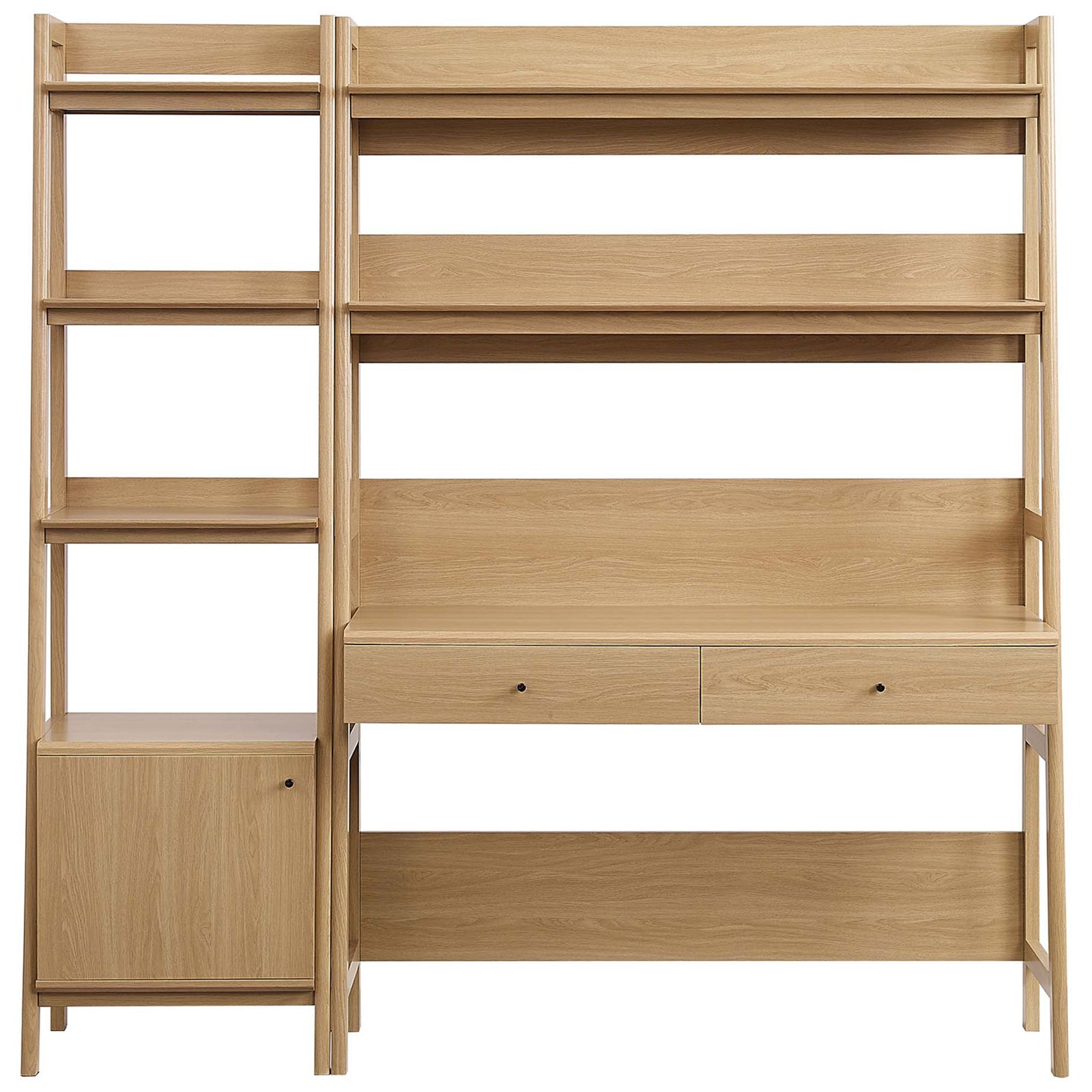 Clean-lined oak desk and bookshelf set with tiered shelves, lower cabinet, and two drawers || EEI-6111-OAK || front_studio
