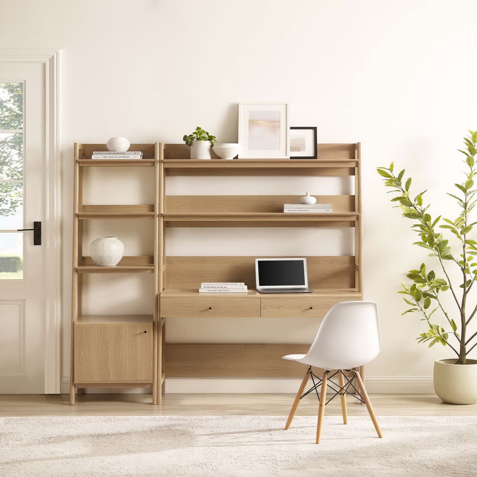 Versatile oak workstation with ladder-style shelving and dual drawers for organized, airy storage || EEI-6111-OAK || front_room