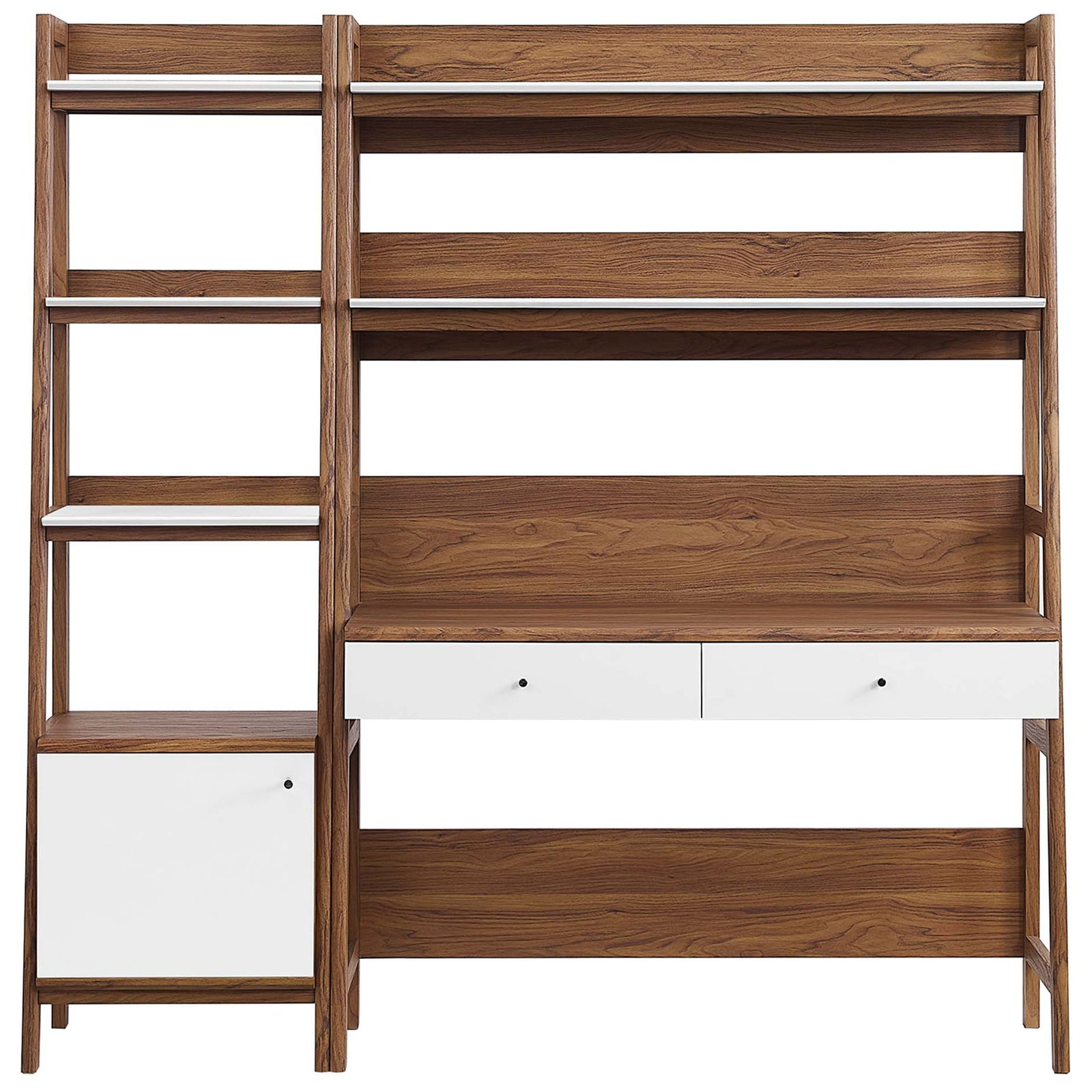 Ladder-style desk and bookshelf with walnut wood grain, white accents, and two drawers || EEI-6111-WAL-WHI || front_studio