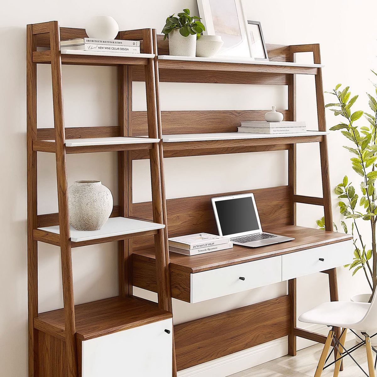 Open shelves with a laptop-ready desk surface and two minimalist drawer pulls || EEI-6111-WAL-WHI || front_angle_room