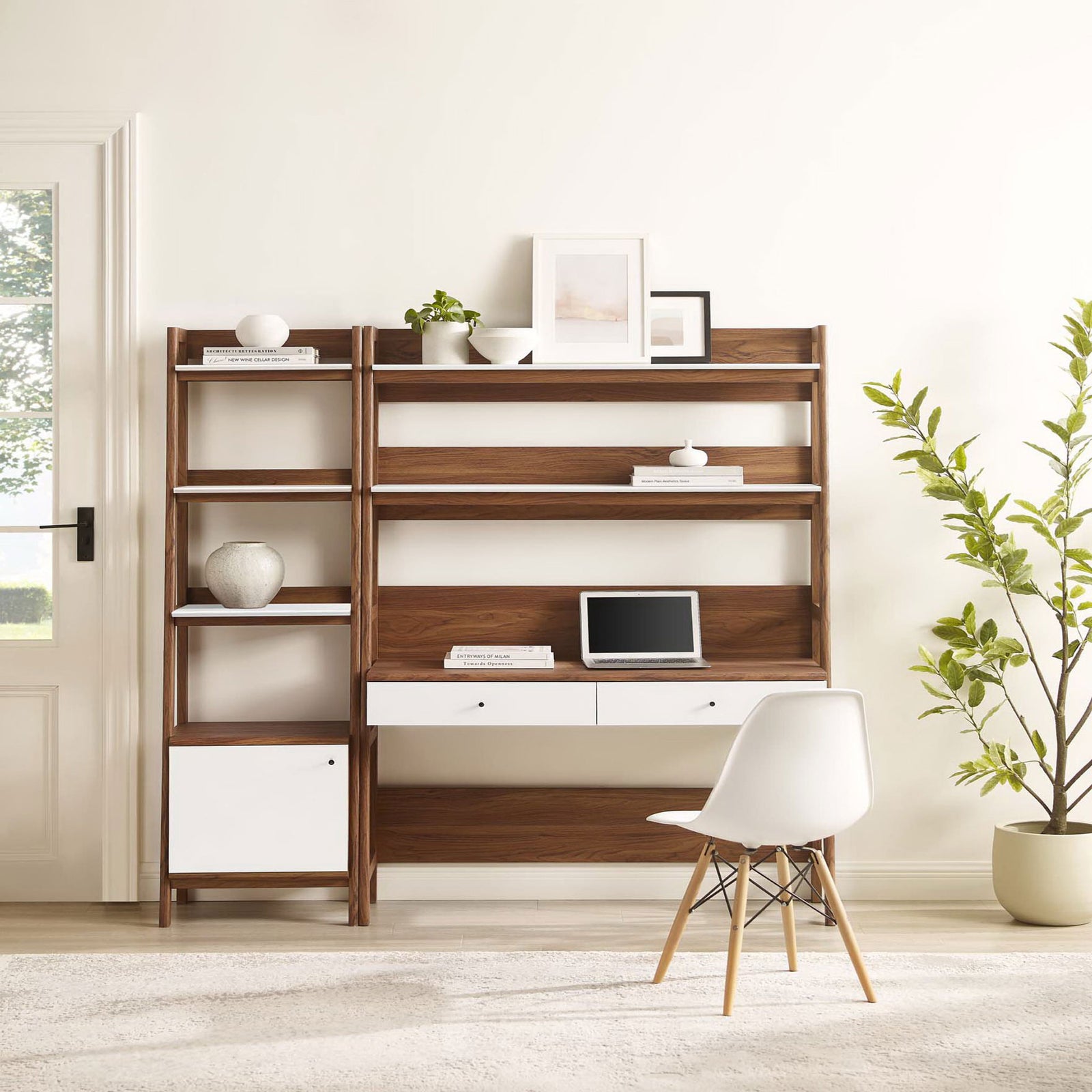 Ladder bookcase and desk duo with warm walnut tones and minimalist white details || EEI-6111-WAL-WHI || front_room