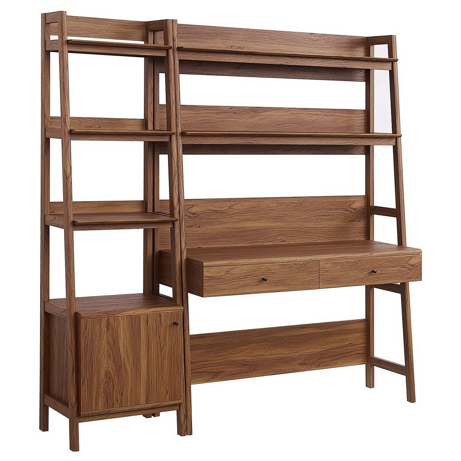 Warm wood grain and tiered shelves create a sleek workspace with generous storage || EEI-6111-WAL || front_angle_studio