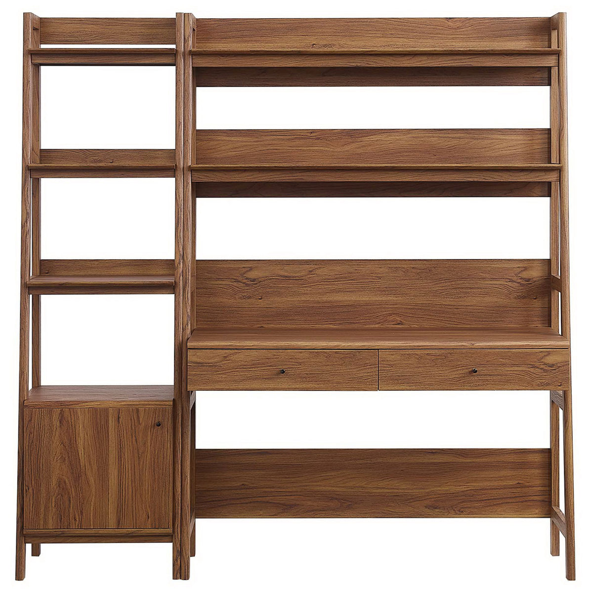 Streamlined walnut desk and bookshelf set with dual drawers, open shelves, and concealed cabinet || EEI-6111-WAL || front_studio