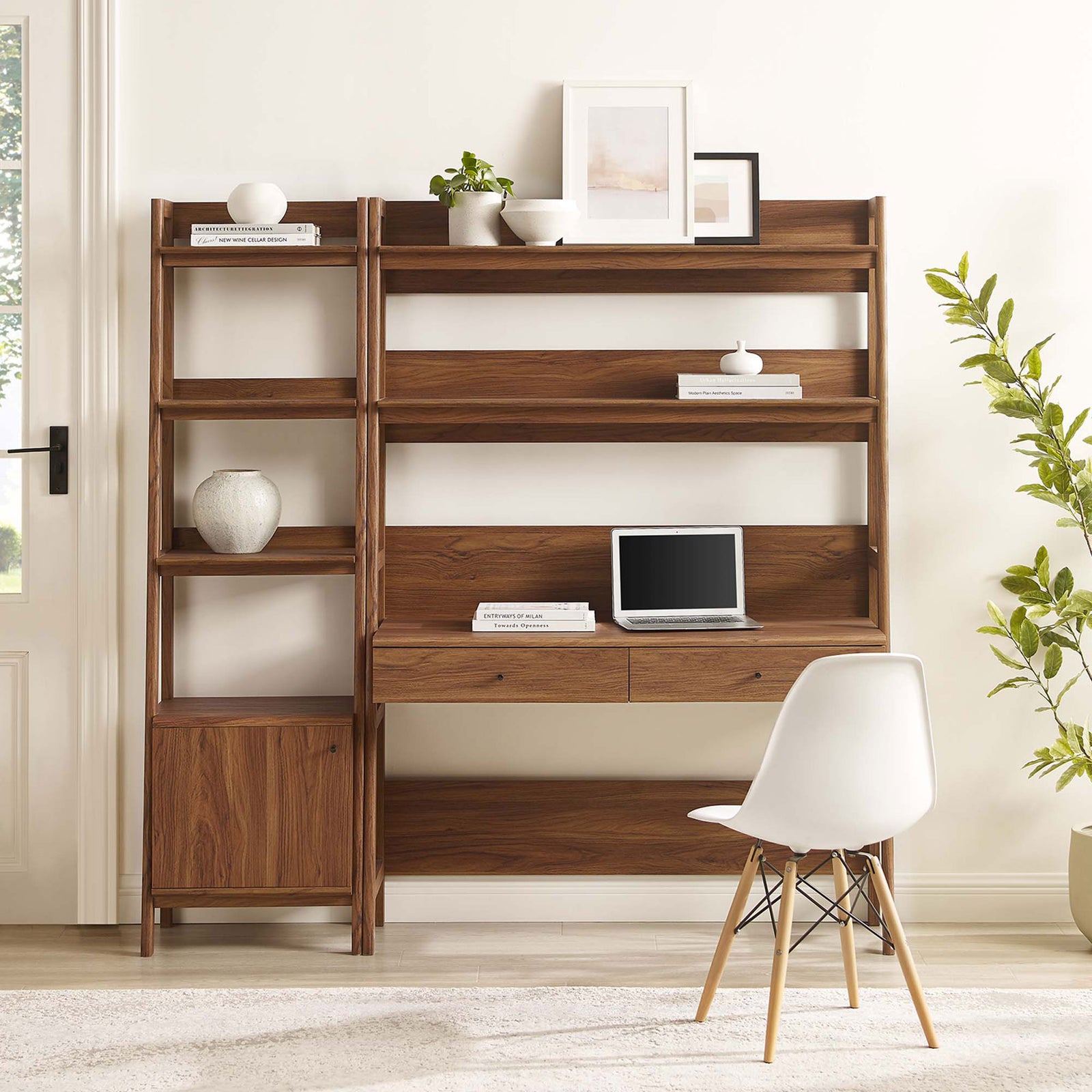Complete home office solution with expansive shelving, two drawers, and a tidy cabinet base || EEI-6111-WAL || front_room
