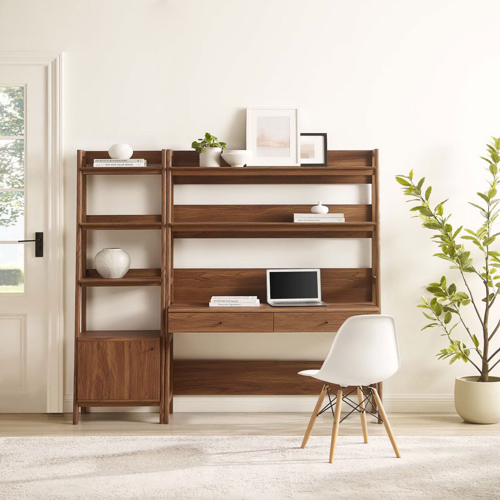 Modern ladder-style design showcases rich walnut grain with ample display and work space || EEI-6111-WAL || front_angle_room