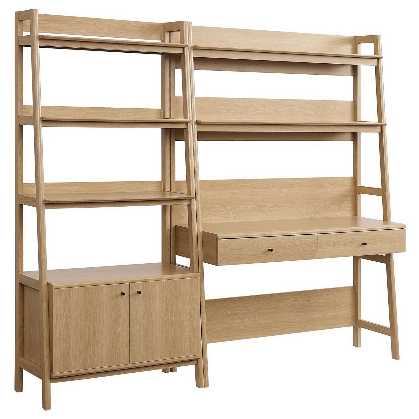 Streamlined oak desk with tiered shelves and matching bookcase for sleek, space-saving storage || EEI-6112-OAK || front_angle_studio