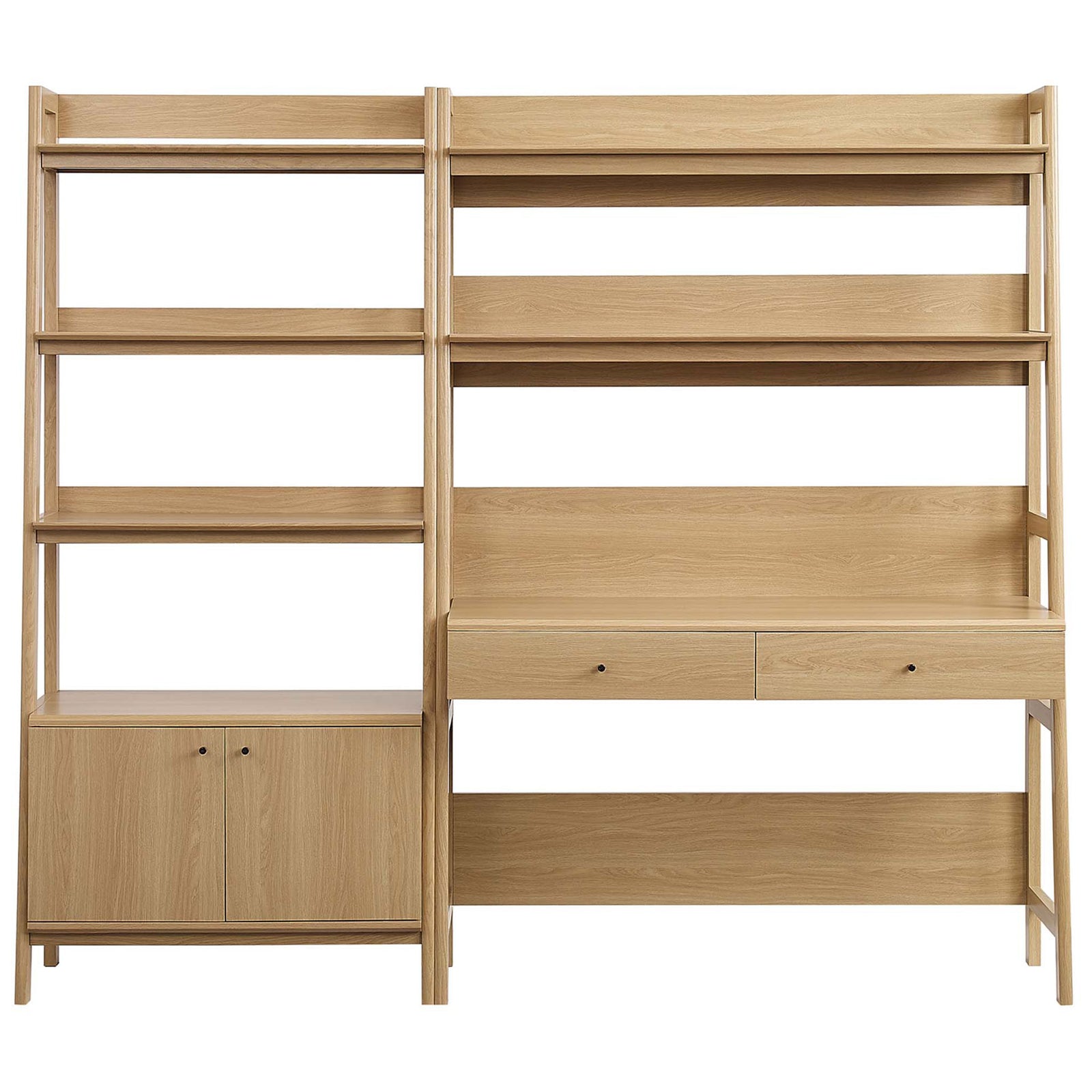 Two-piece oak desk and bookshelf set with tiered shelves, dual drawers, and concealed cabinet base || EEI-6112-OAK || front_studio