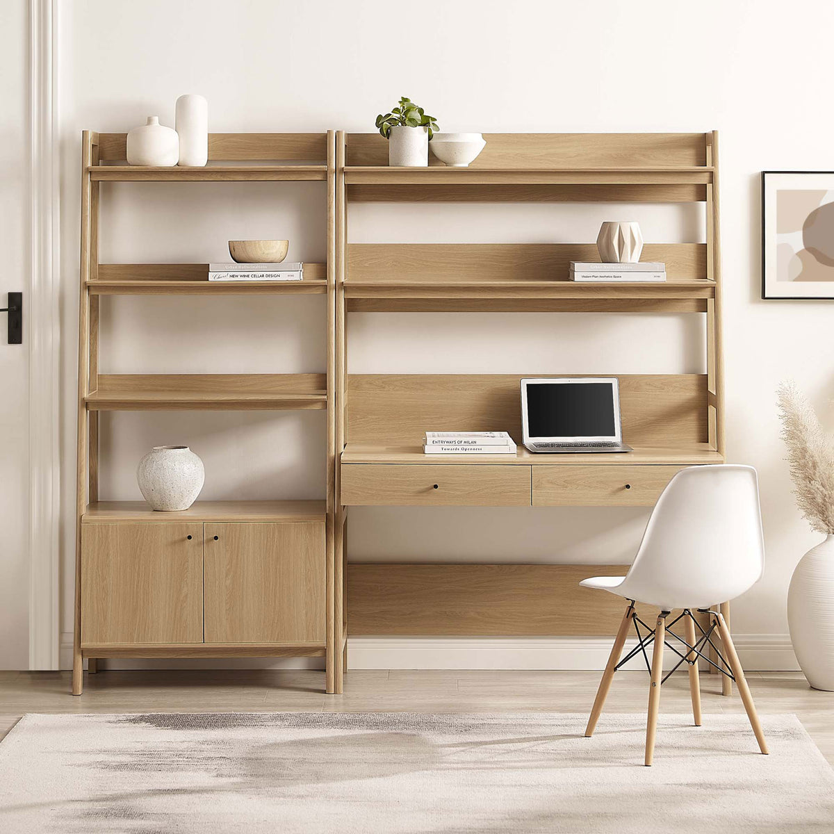 Warm oak desk and bookshelf set creates an inviting home office with open shelves and two drawers || EEI-6112-OAK || front_room