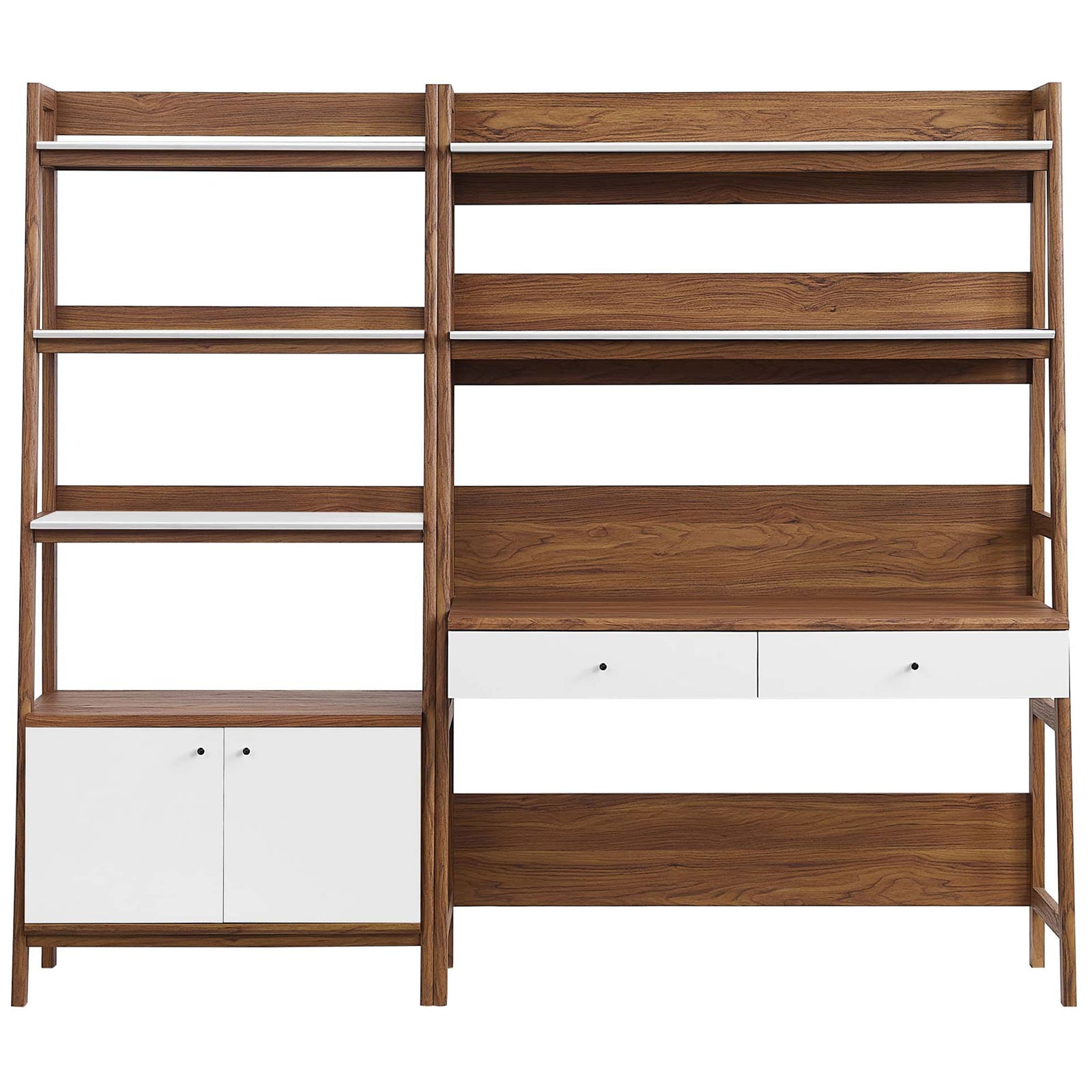 Walnut wood and white accents form a generous shelving wall with a streamlined desk and two drawers. || EEI-6112-WAL-WHI || front_studio