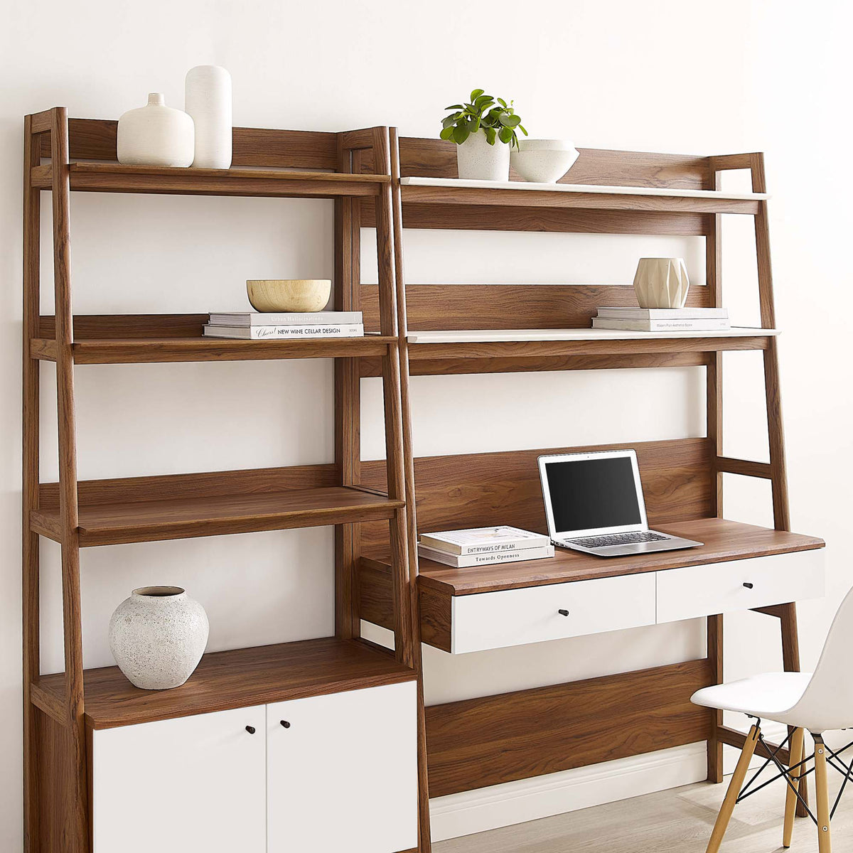 Everyday essentials fit within reach on wide shelves, while the desk surface and twin drawers support focused work. || EEI-6112-WAL-WHI || detail_room