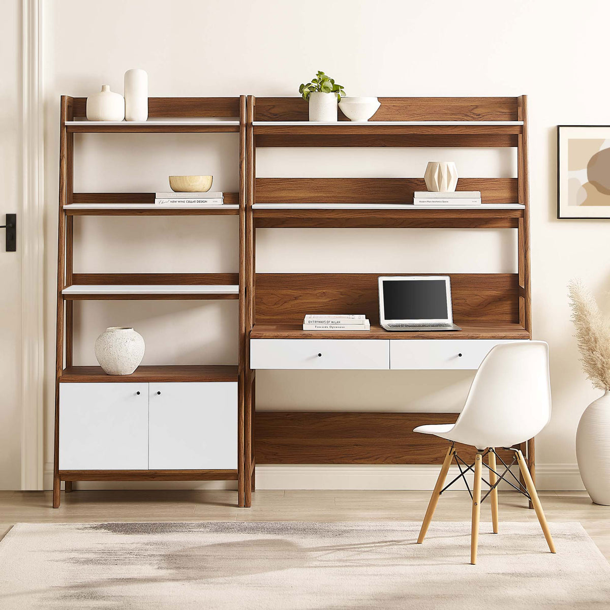 Modern two-piece desk and bookshelf anchor a clean workspace with display shelves and a concealed cabinet. || EEI-6112-WAL-WHI || front_room