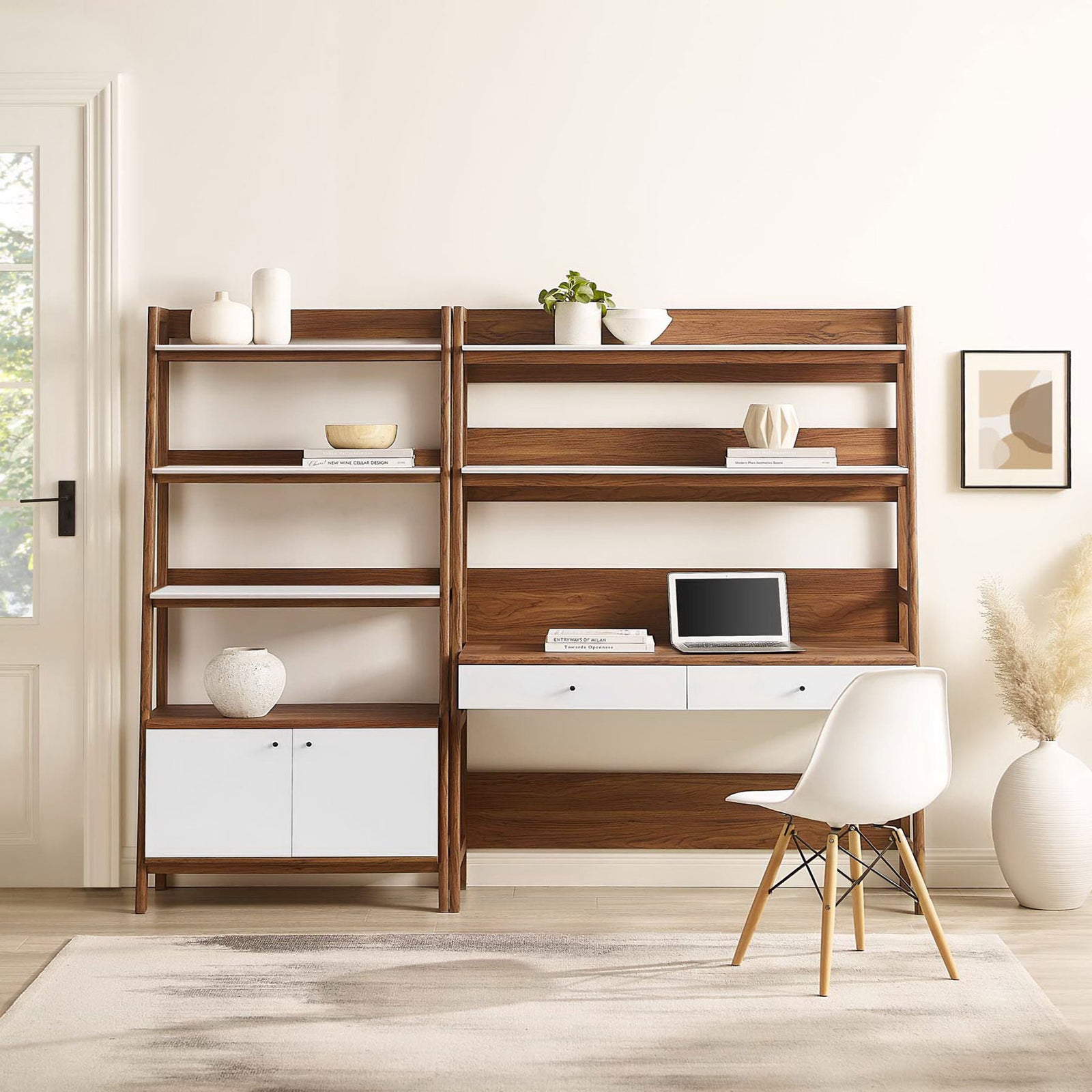 Space-saving wall unit blends rich wood and white fronts, offering a roomy work surface and organized storage. || EEI-6112-WAL-WHI || front_room