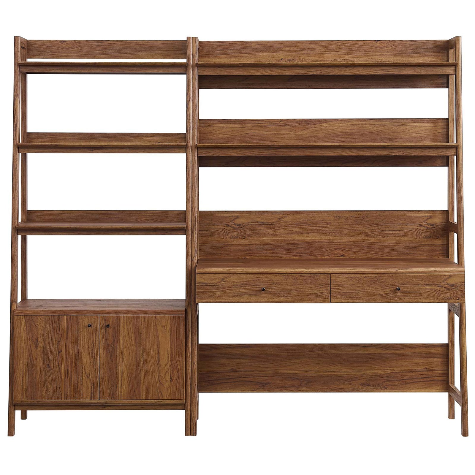 Clean-lined walnut wood workstation set featuring open shelves, dual drawers, and a lower storage cabinet. || EEI-6112-WAL || front_studio