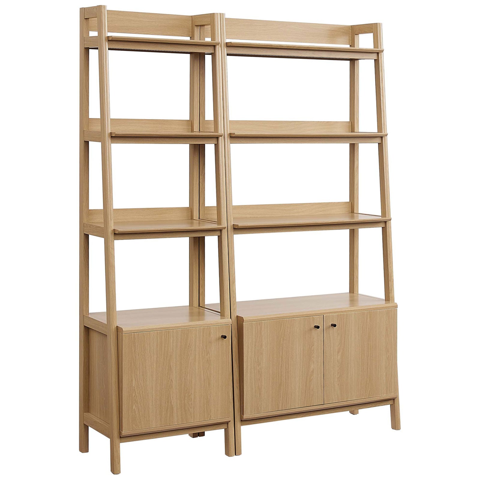 Pair of oak tiered bookcases with wide shelves and hidden cabinet storage || EEI-6113-OAK || front_angle_studio