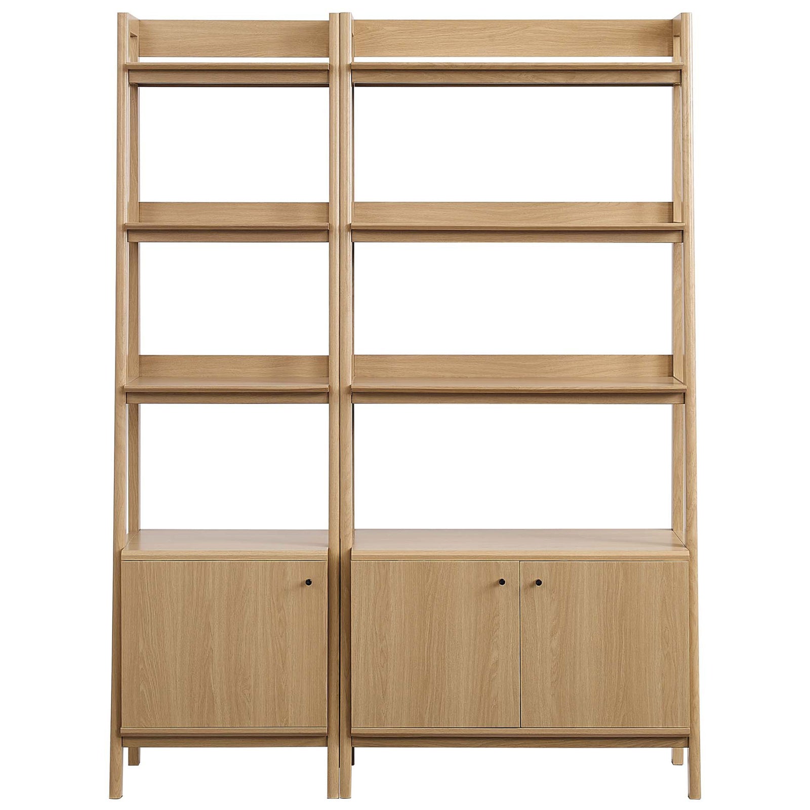 Set of two oak ladder-style bookshelves with generous open shelving and concealed base cabinets || EEI-6113-OAK || front_studio