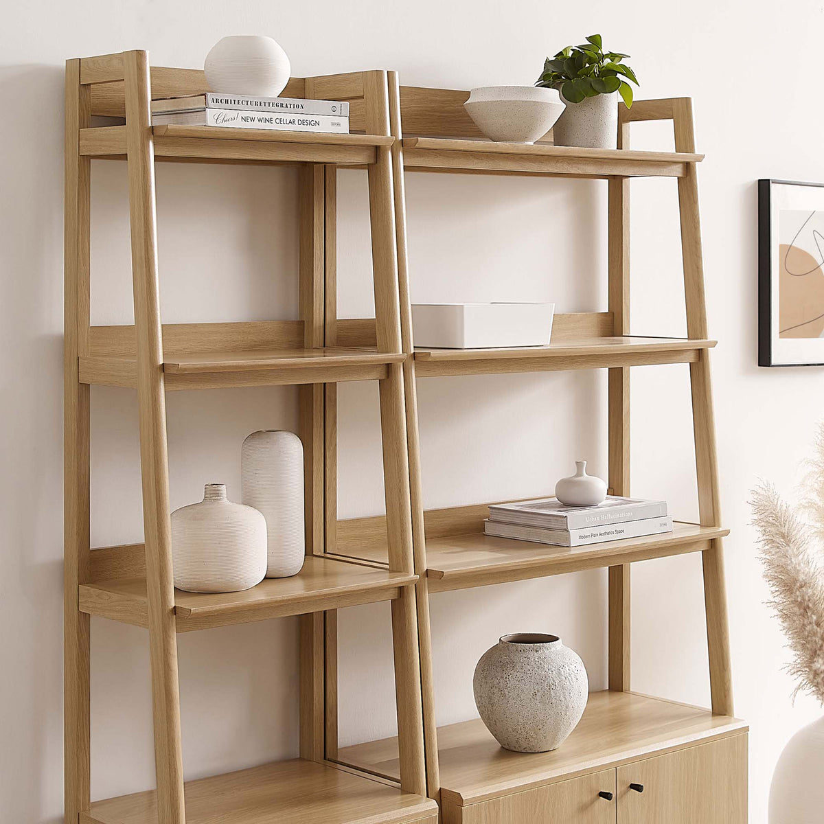 Oak shelves and clean lines highlight the smooth wood grain and refined craftsmanship || EEI-6113-OAK || detail_room