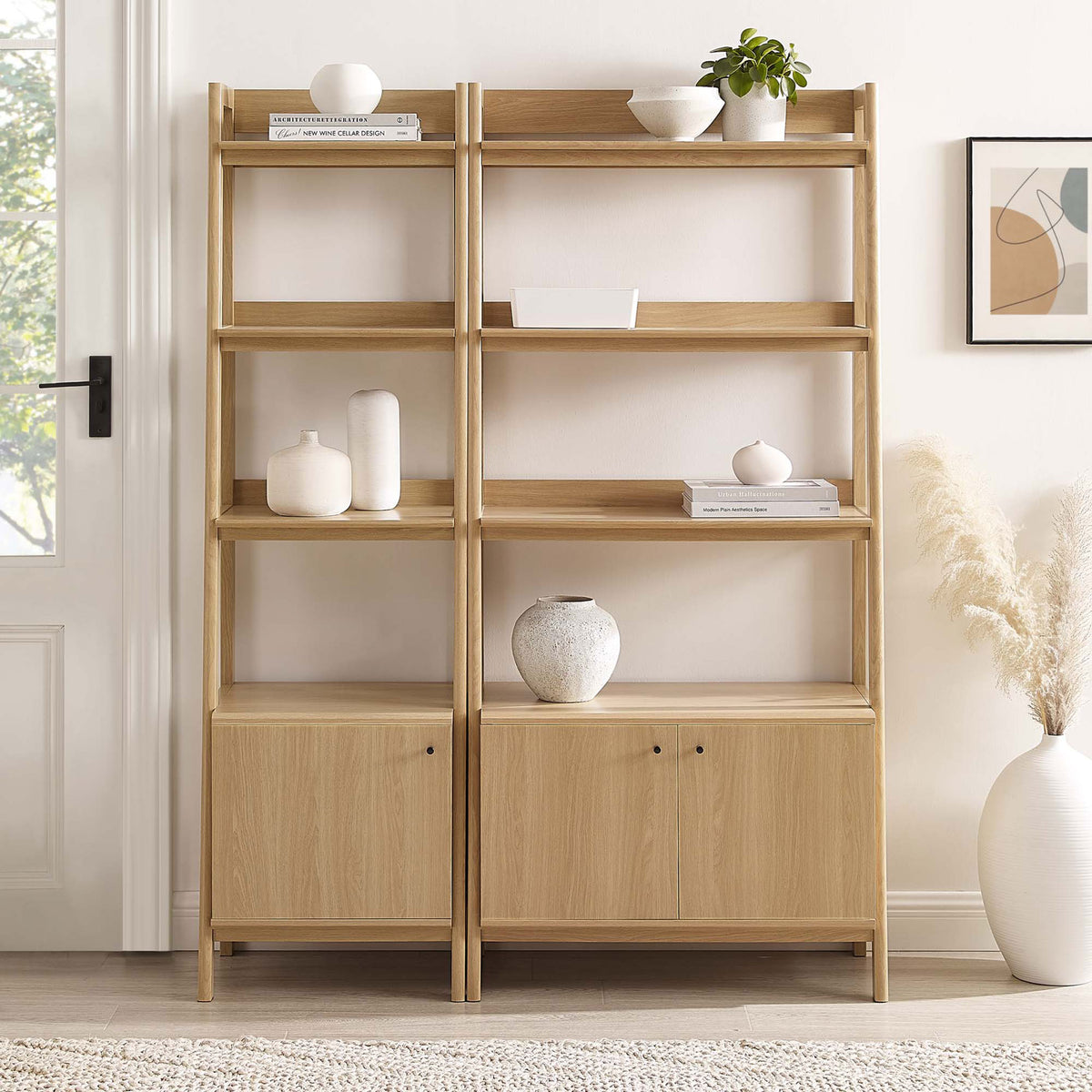 Warm oak finish brightens the room while open tiers showcase decor and lower doors hide clutter || EEI-6113-OAK || front_room
