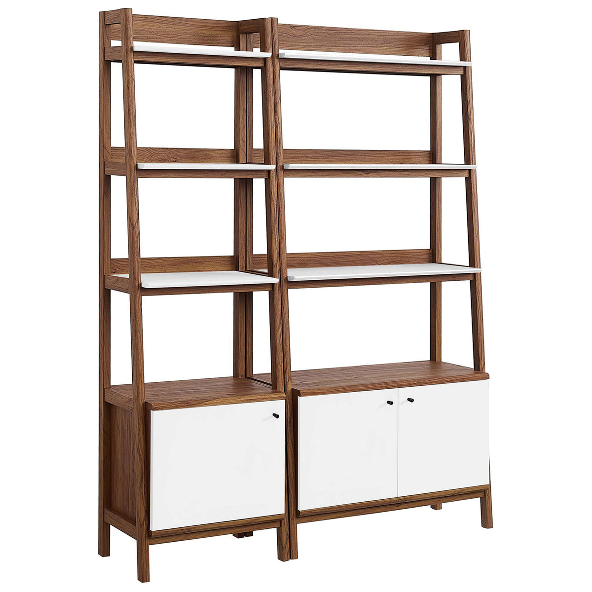 Sleek walnut frames and white shelves pair with concealed base cabinets for a refined storage statement || EEI-6113-WAL-WHI || front_angle_studio