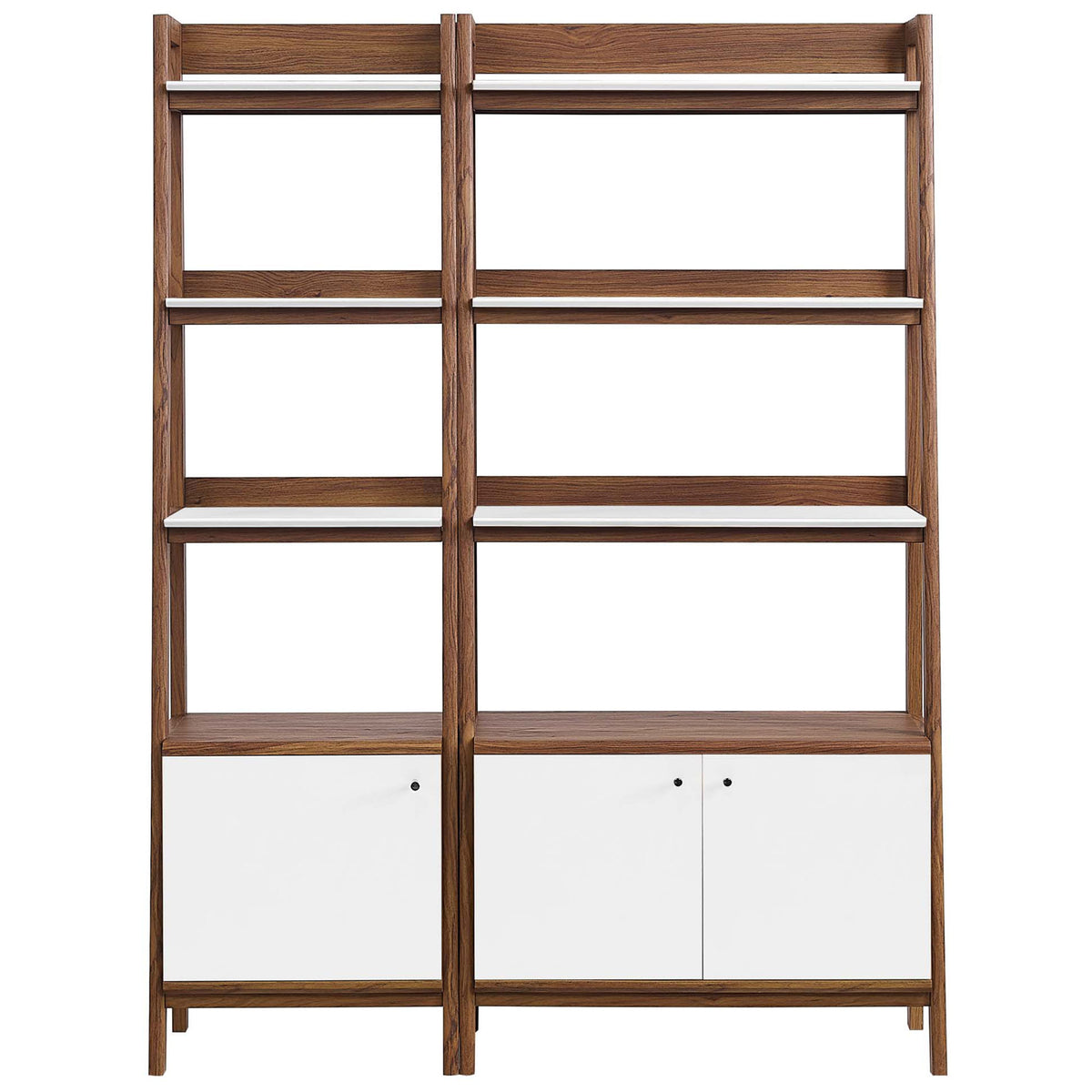 Balanced two-piece bookshelf set with open tiers above and clean white cabinet doors below || EEI-6113-WAL-WHI || front_studio