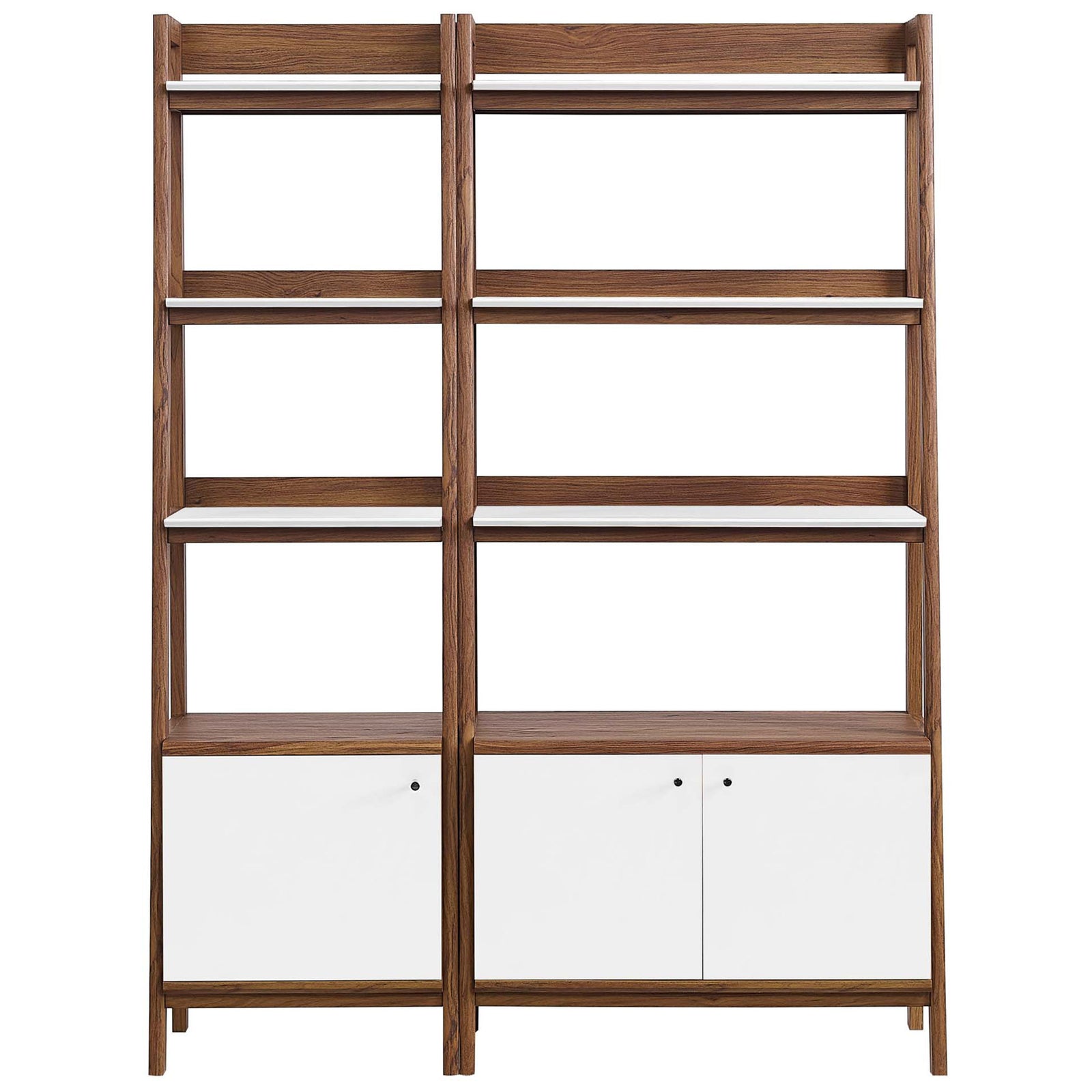 Balanced two-piece bookshelf set with open tiers above and clean white cabinet doors below || EEI-6113-WAL-WHI || front_studio