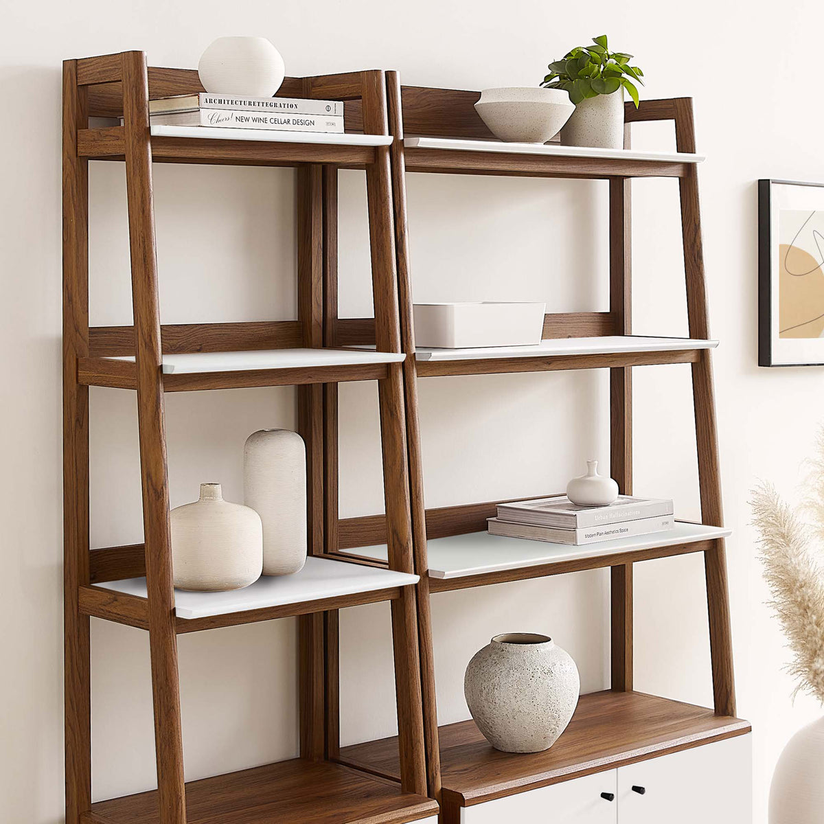Open shelves showcase decor while the rich walnut grain contrasts crisp white surfaces || EEI-6113-WAL-WHI || detail_room