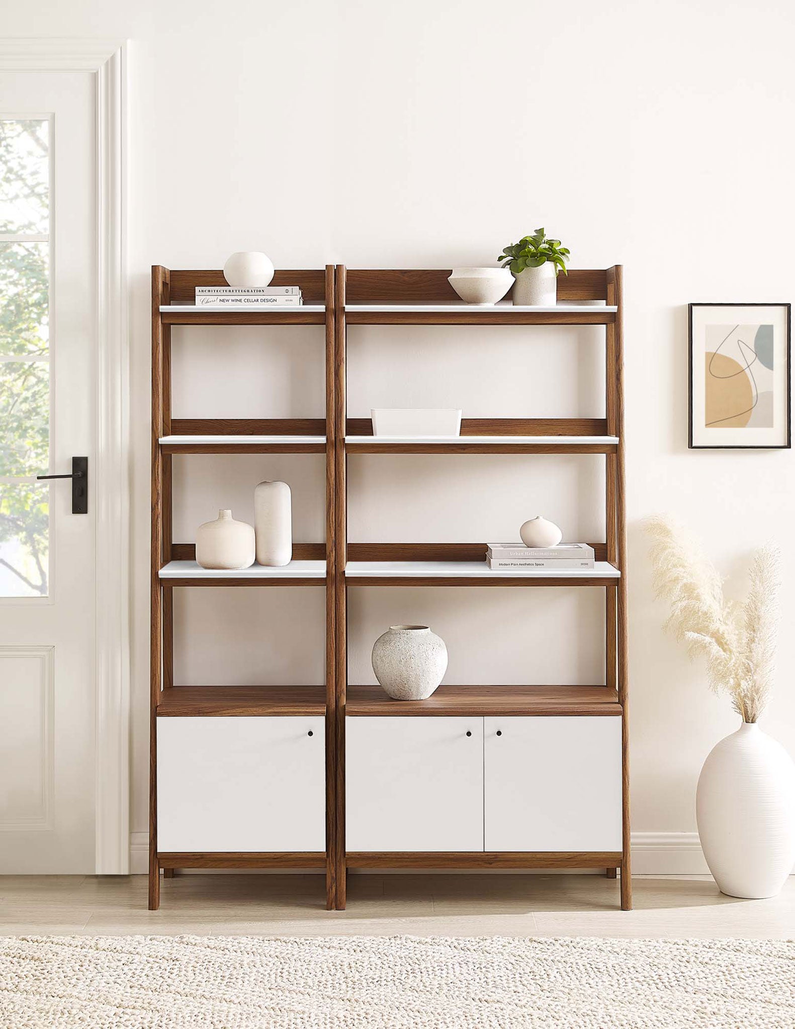 Tiered ladder design offers ample display space with hidden storage to keep essentials out of sight || EEI-6113-WAL-WHI || front_room