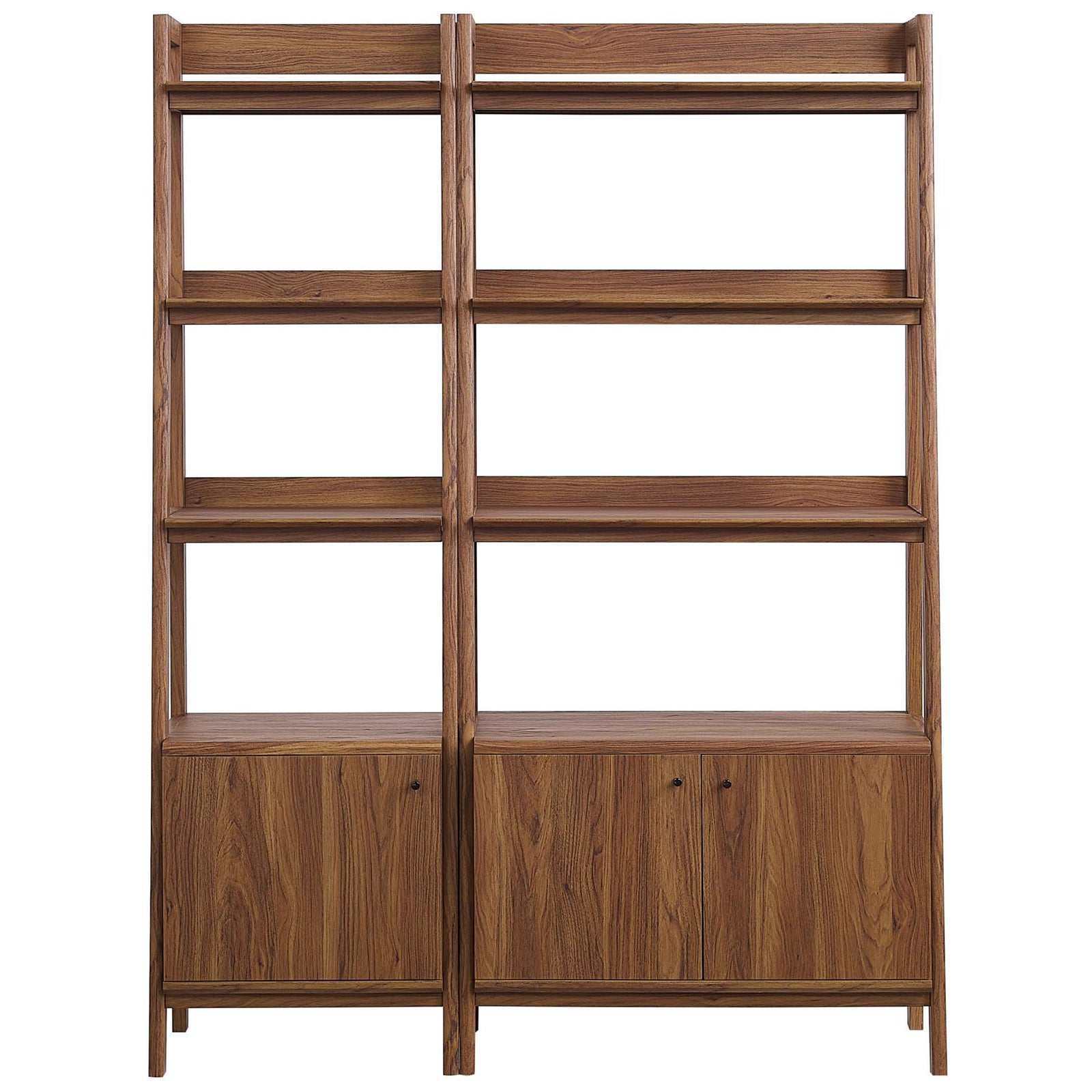 Walnut two-piece bookshelf set with open shelves and concealed lower cabinets for streamlined storage || EEI-6113-WAL || front_studio