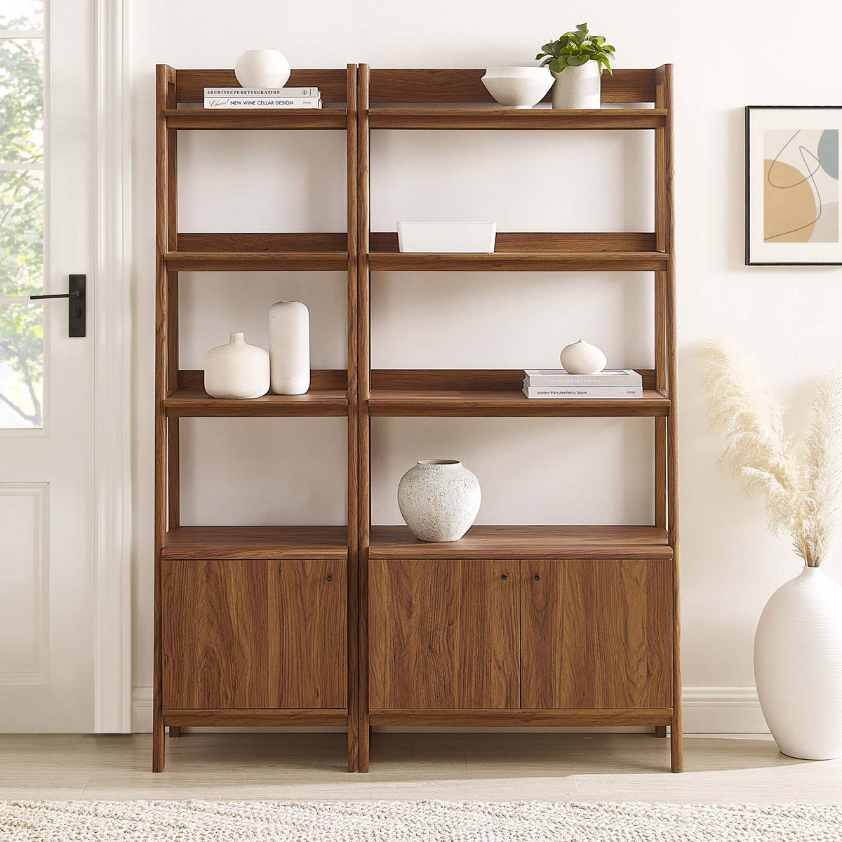Ladder-style walnut shelving duo offers ample display space and clean-lined cabinets for clutter-free living || EEI-6113-WAL || front_room
