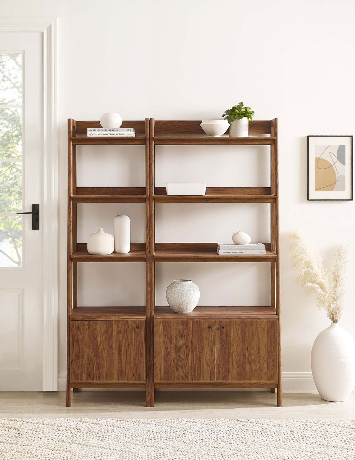Sleek walnut shelves pair with cabinet doors below to balance open display and discreet storage || EEI-6113-WAL || front_room
