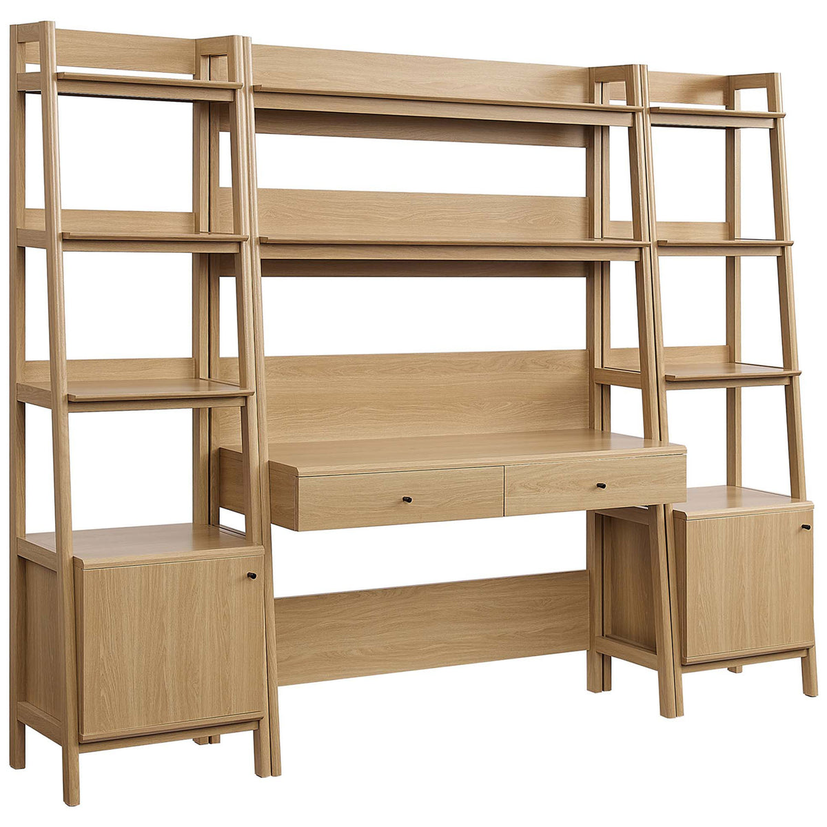 Oak workstation with twin ladder bookshelves, three shelves each, plus a desk with dual drawers || EEI-6114-OAK || front_angle_studio