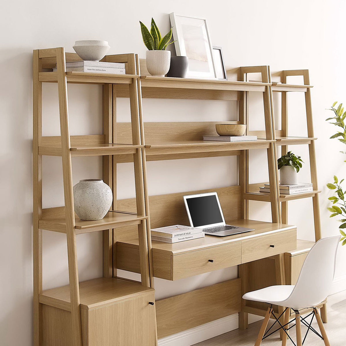 Tiered oak office set with open shelves, spacious desk surface, and two smooth-glide drawers || EEI-6114-OAK || front_angle_room