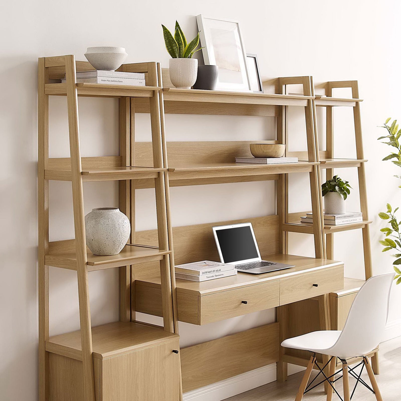 Tiered oak office set with open shelves, spacious desk surface, and two smooth-glide drawers || EEI-6114-OAK || front_angle_room