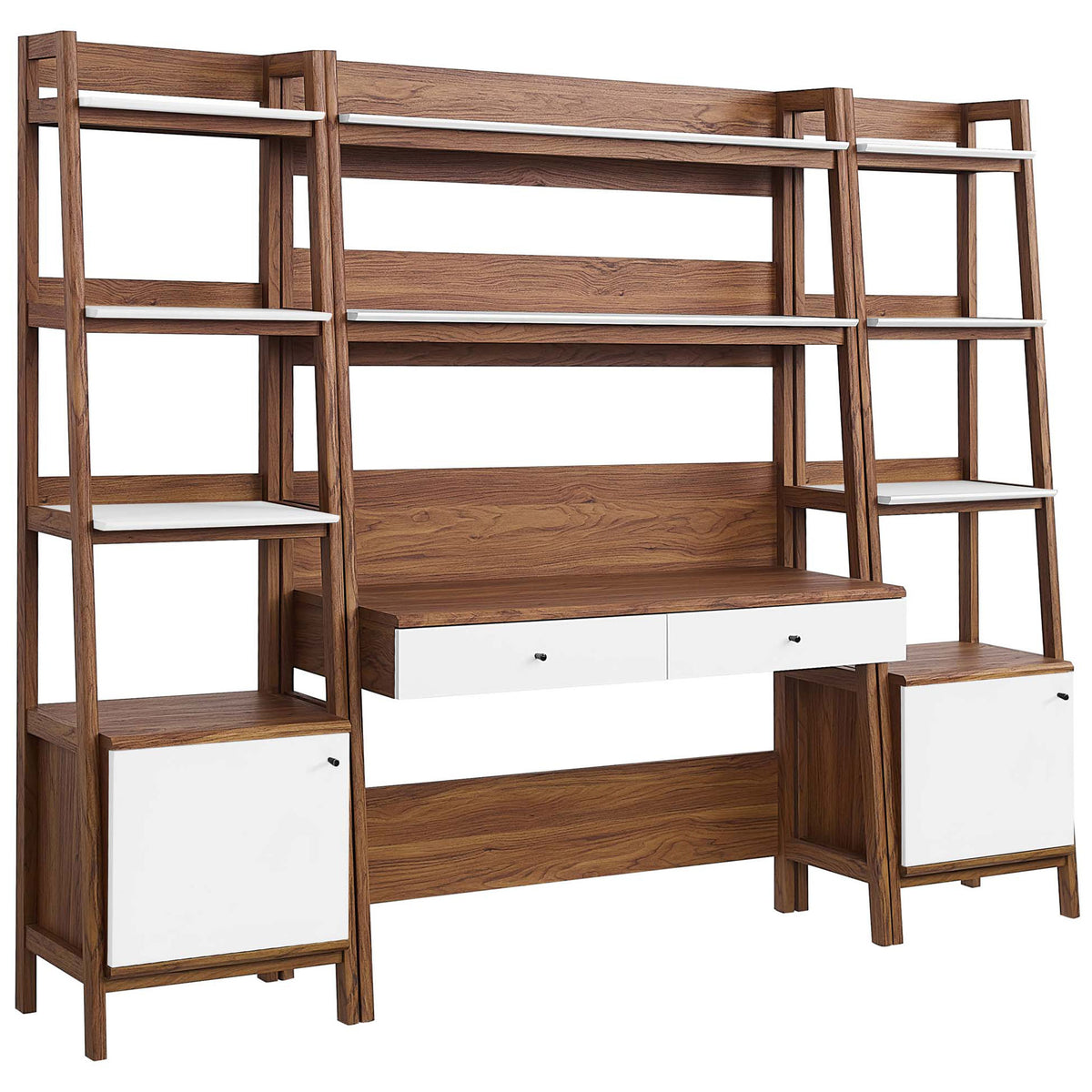 Three-piece walnut and white desk wall unit with tiered open shelves, two drawers, and dual lower cabinets || EEI-6114-WAL-WHI || front_angle_studio