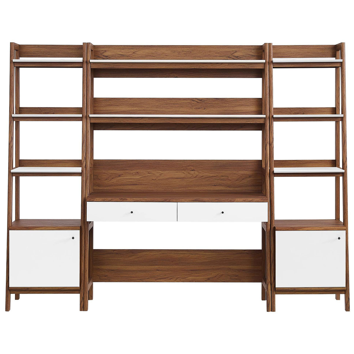 Walnut grain desk and twin ladder bookcases with white accents, two drawers, open shelves, and base cabinets || EEI-6114-WAL-WHI || front_studio