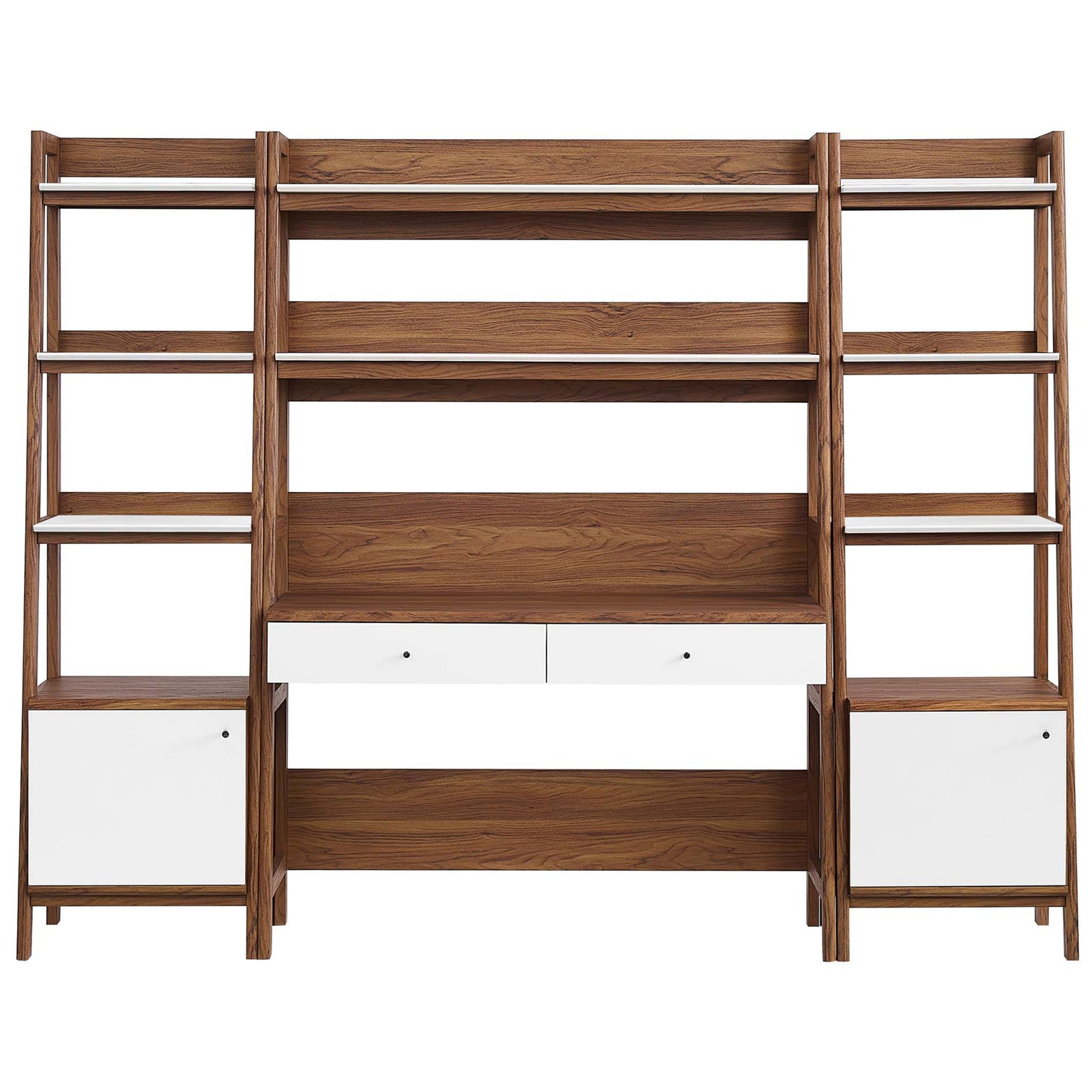 Walnut grain desk and twin ladder bookcases with white accents, two drawers, open shelves, and base cabinets || EEI-6114-WAL-WHI || front_studio
