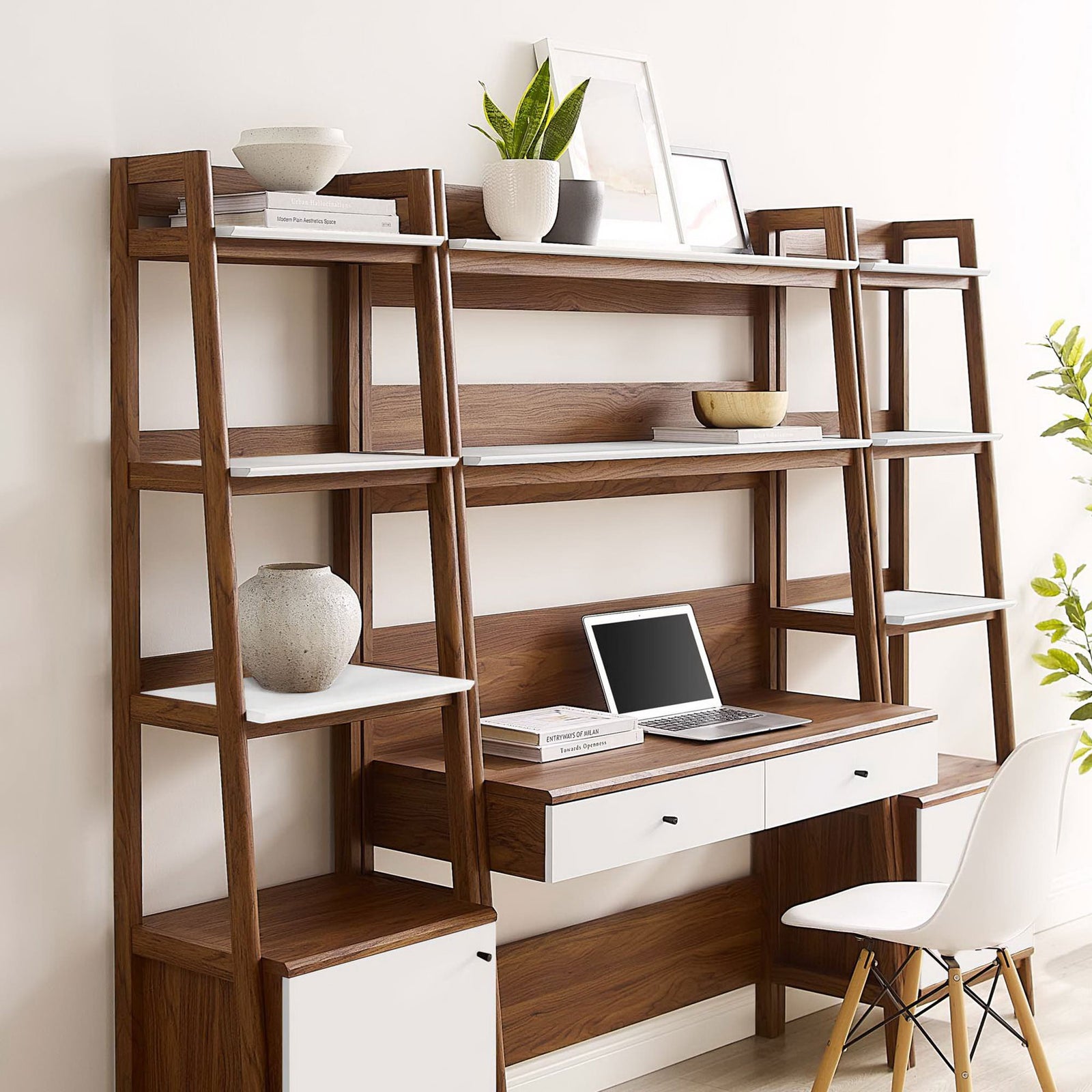 Tiered shelves frame a roomy desk with two drawers, finished in walnut with crisp white accents || EEI-6114-WAL-WHI || front_angle_partial_room