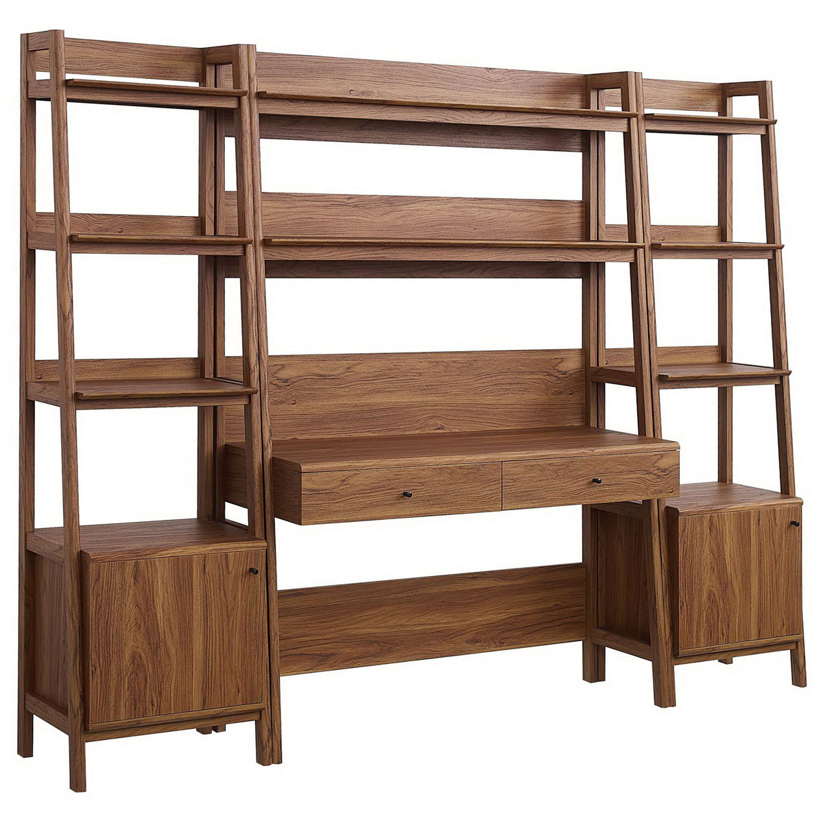 Tiered shelves and rich walnut wood grain frame a spacious workstation with dual drawers and ample display space || EEI-6114-WAL || front_angle_studio