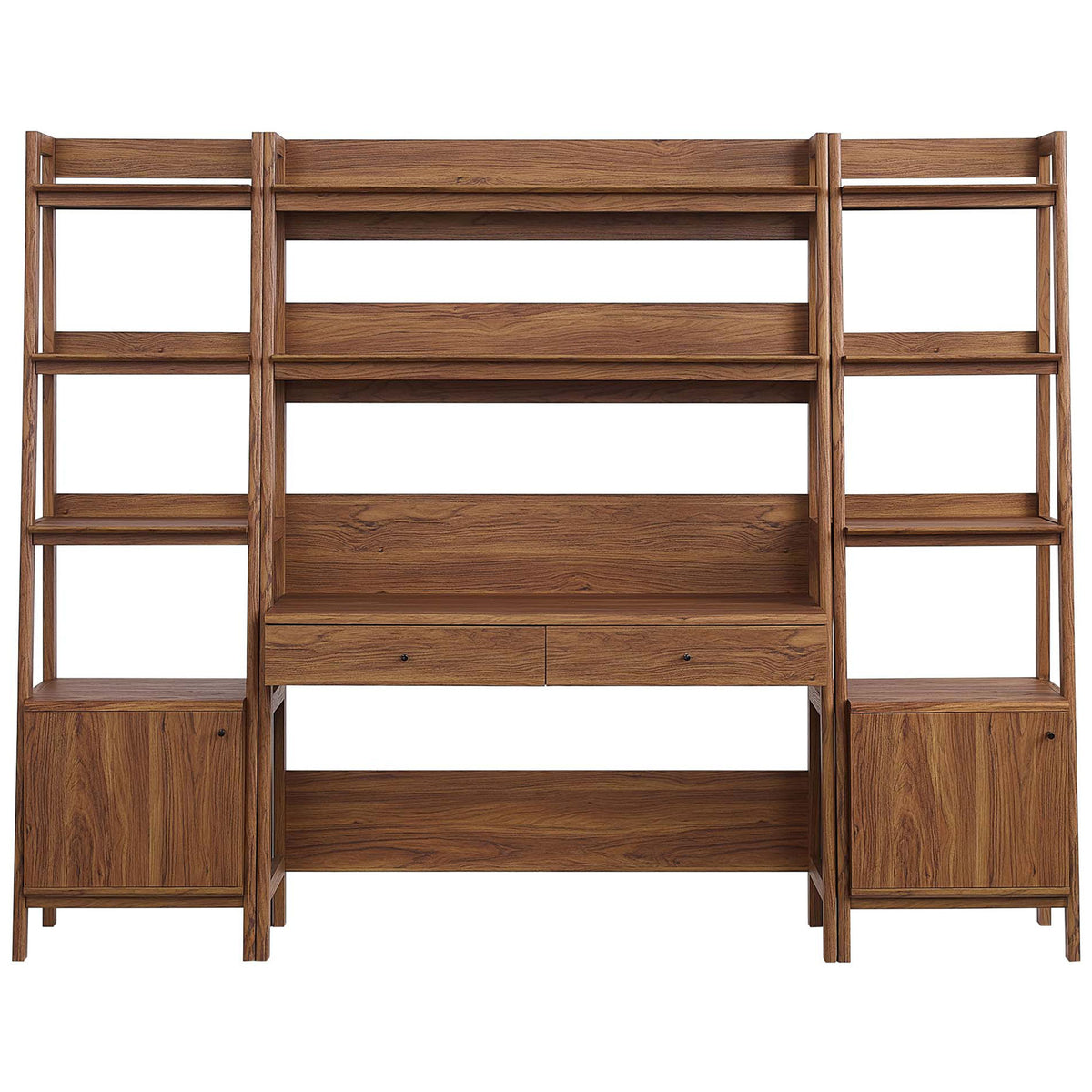 Sleek walnut desk flanked by ladder bookshelves with two drawers and concealed cabinets for streamlined storage || EEI-6114-WAL || front_studio