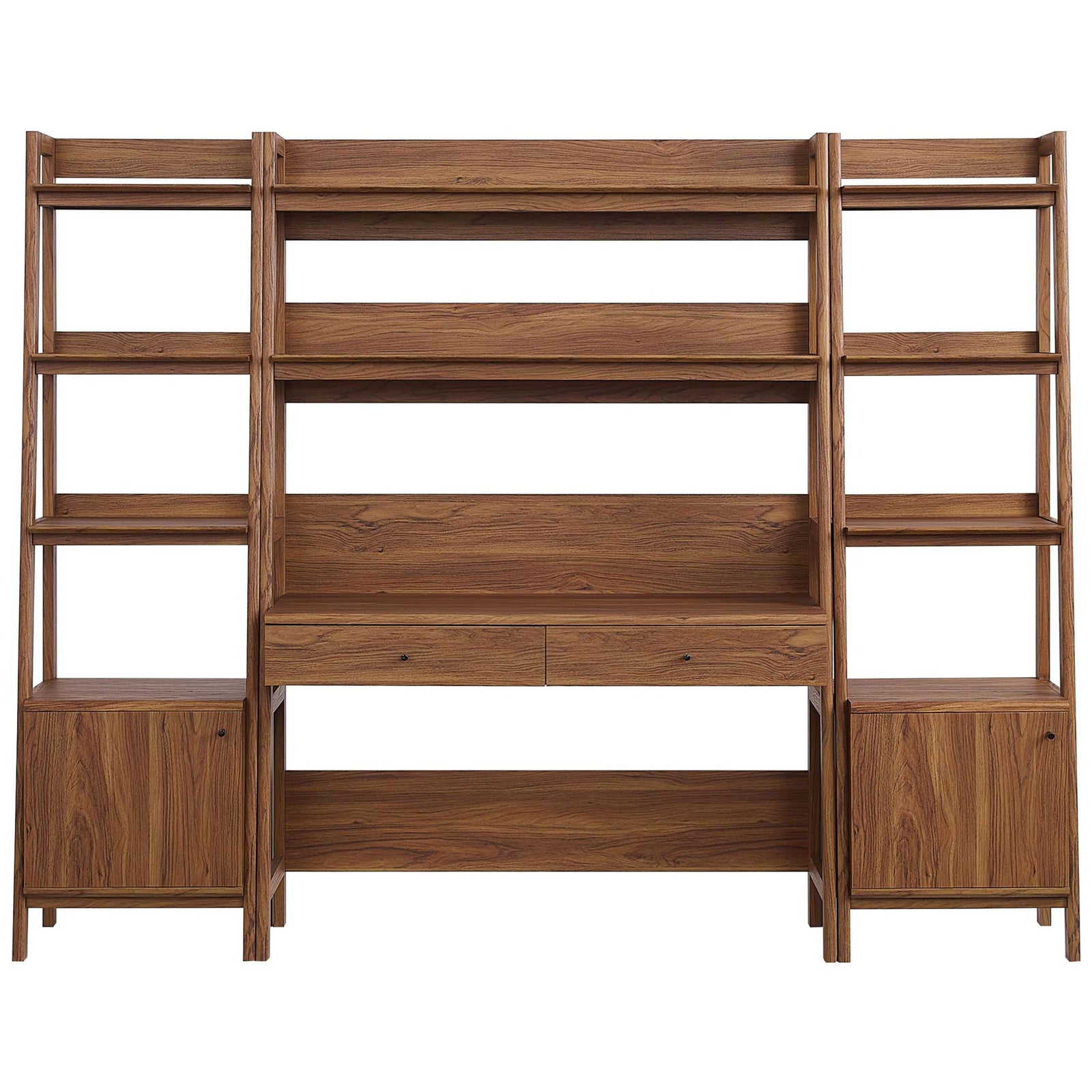 Sleek walnut desk flanked by ladder bookshelves with two drawers and concealed cabinets for streamlined storage || EEI-6114-WAL || front_studio