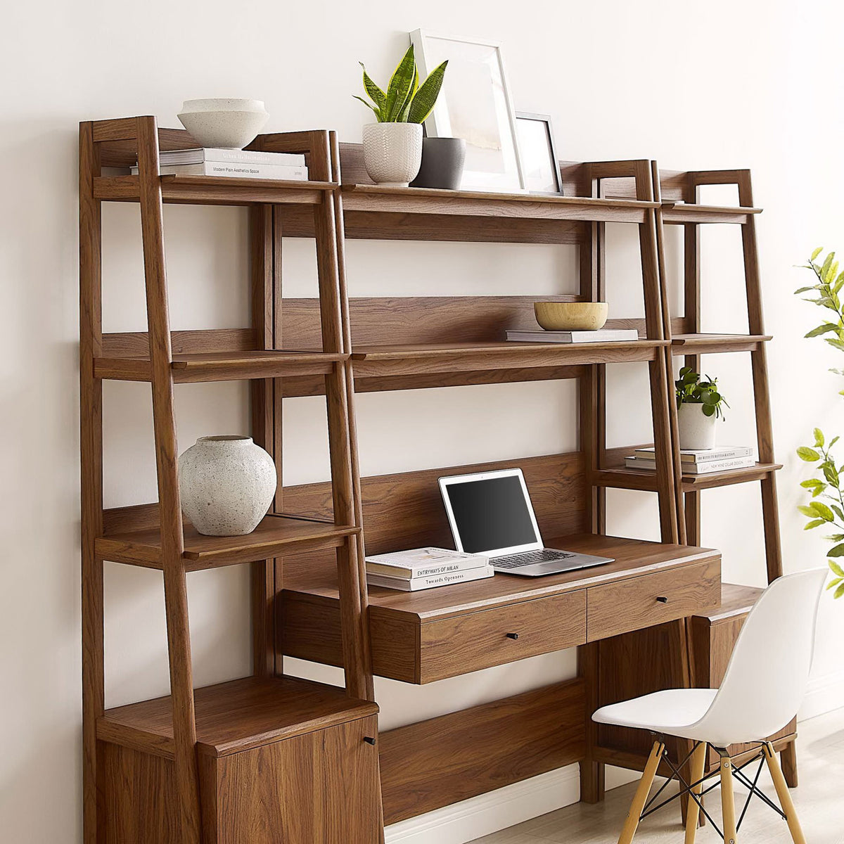 Walnut shelves and two-drawer desk showcase wood grain and clean, minimalist lines || EEI-6114-WAL || detail_room
