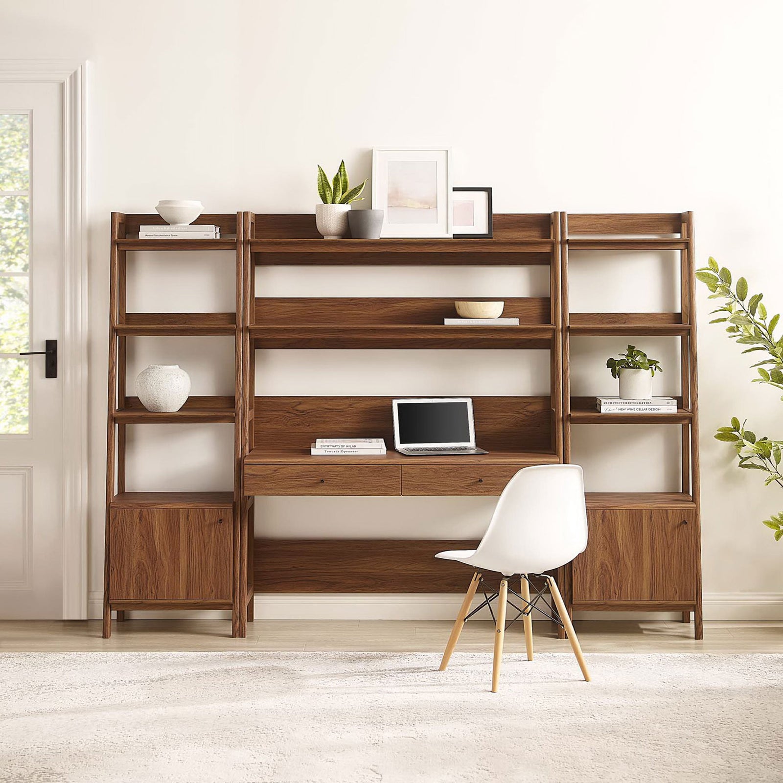 Expansive desk and twin bookshelves offer generous storage, display space, and refined mid-century appeal in walnut || EEI-6114-WAL || front_room