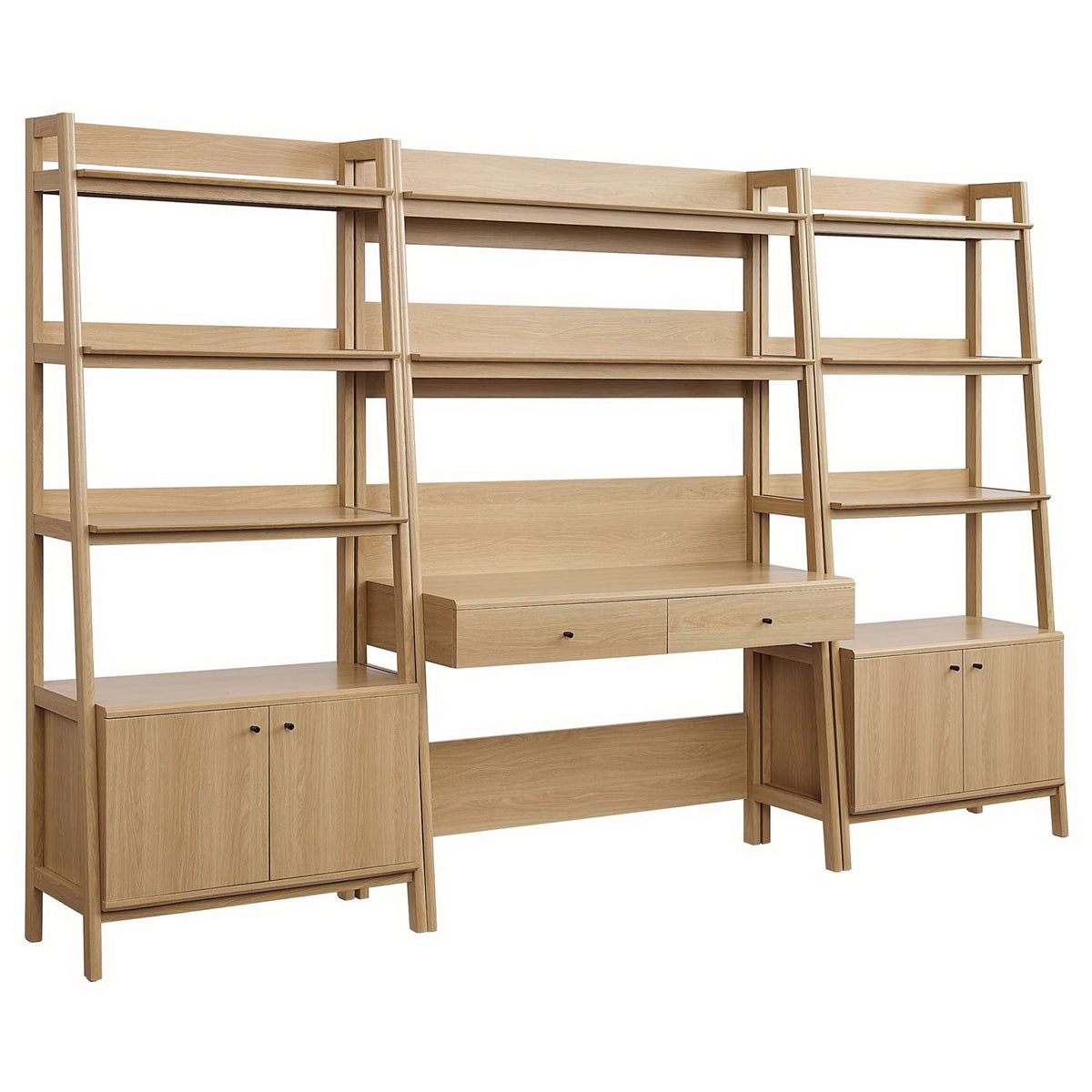 Streamlined 3-piece desk and bookshelf set in warm oak with roomy shelves, two drawers, and lower storage cabinets || EEI-6115-OAK || front_angle_studio