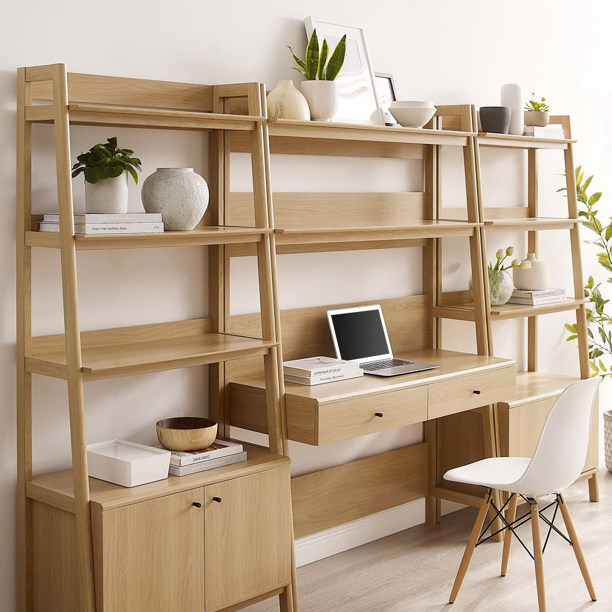 Tiered shelves frame a central desk with dual drawers, offering display space and tucked-away storage in oak || EEI-6115-OAK || front_angle_room
