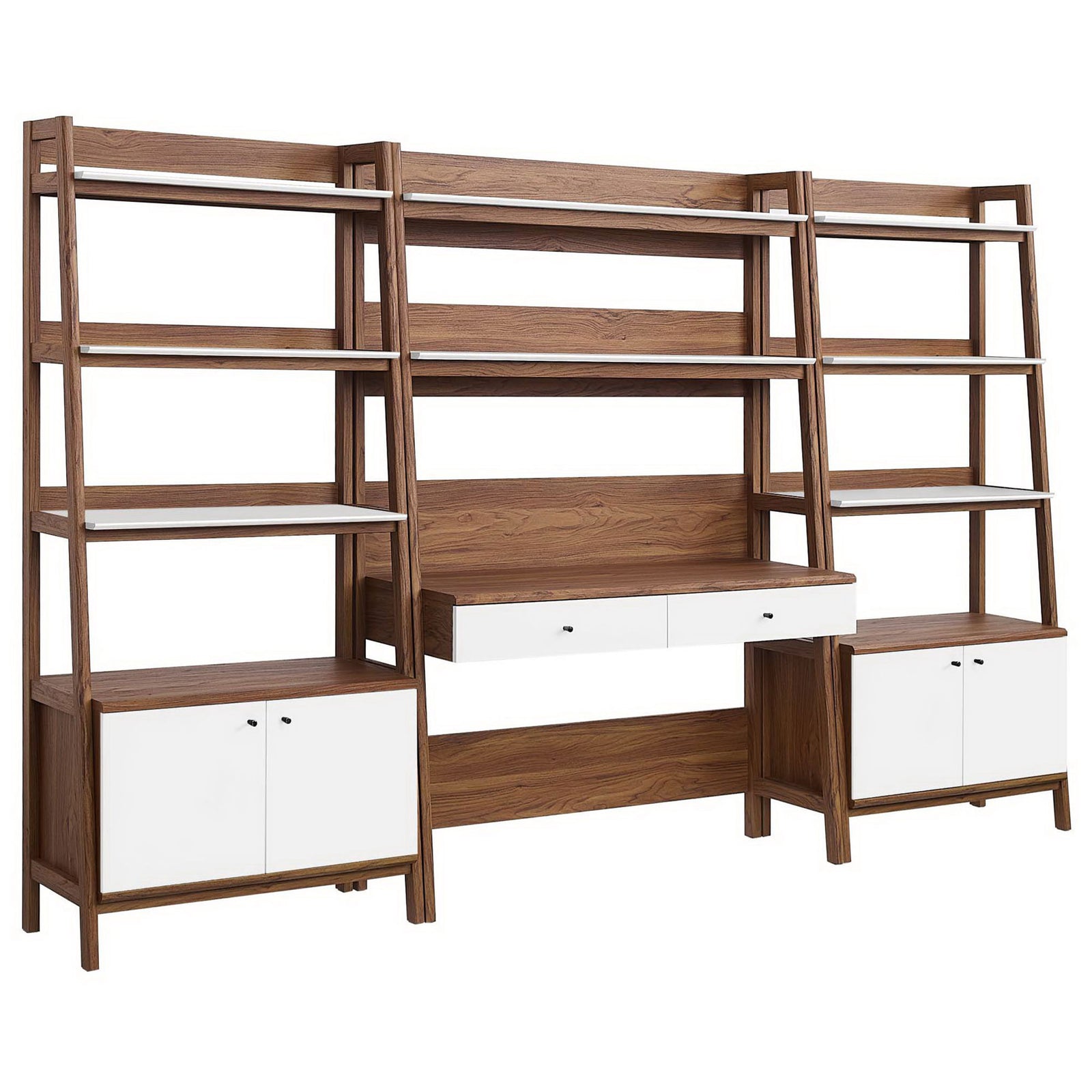 Ladder-style shelving frames a spacious desk with two drawers and sleek white cabinet doors. || EEI-6115-WAL-WHI || front_angle_studio