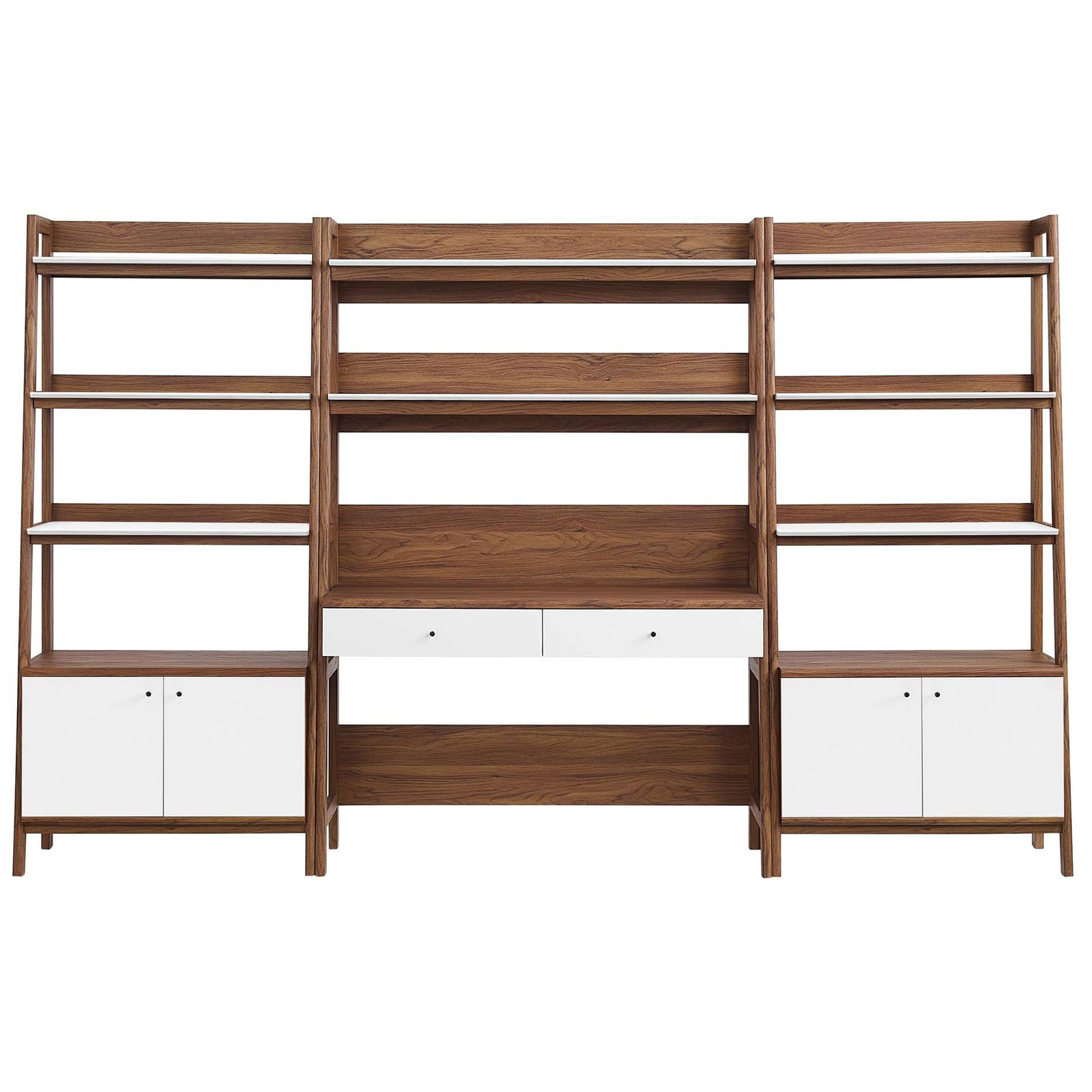 Streamlined walnut and white desk with dual bookshelves, drawers, and cabinets for a modern workspace. || EEI-6115-WAL-WHI || front_studio